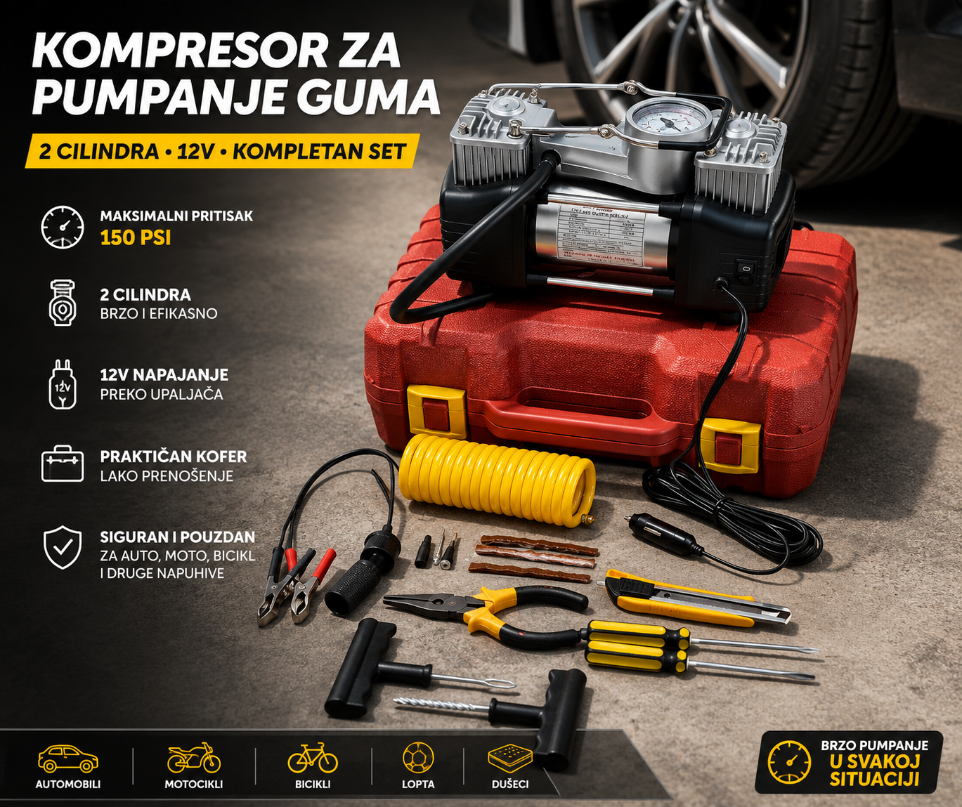 12V Auto Kompresor sa 2 Cilindra i Priborom – Profesionalna Pumpa za Gume, Automobil, Motor, Bicikl i Lopte
