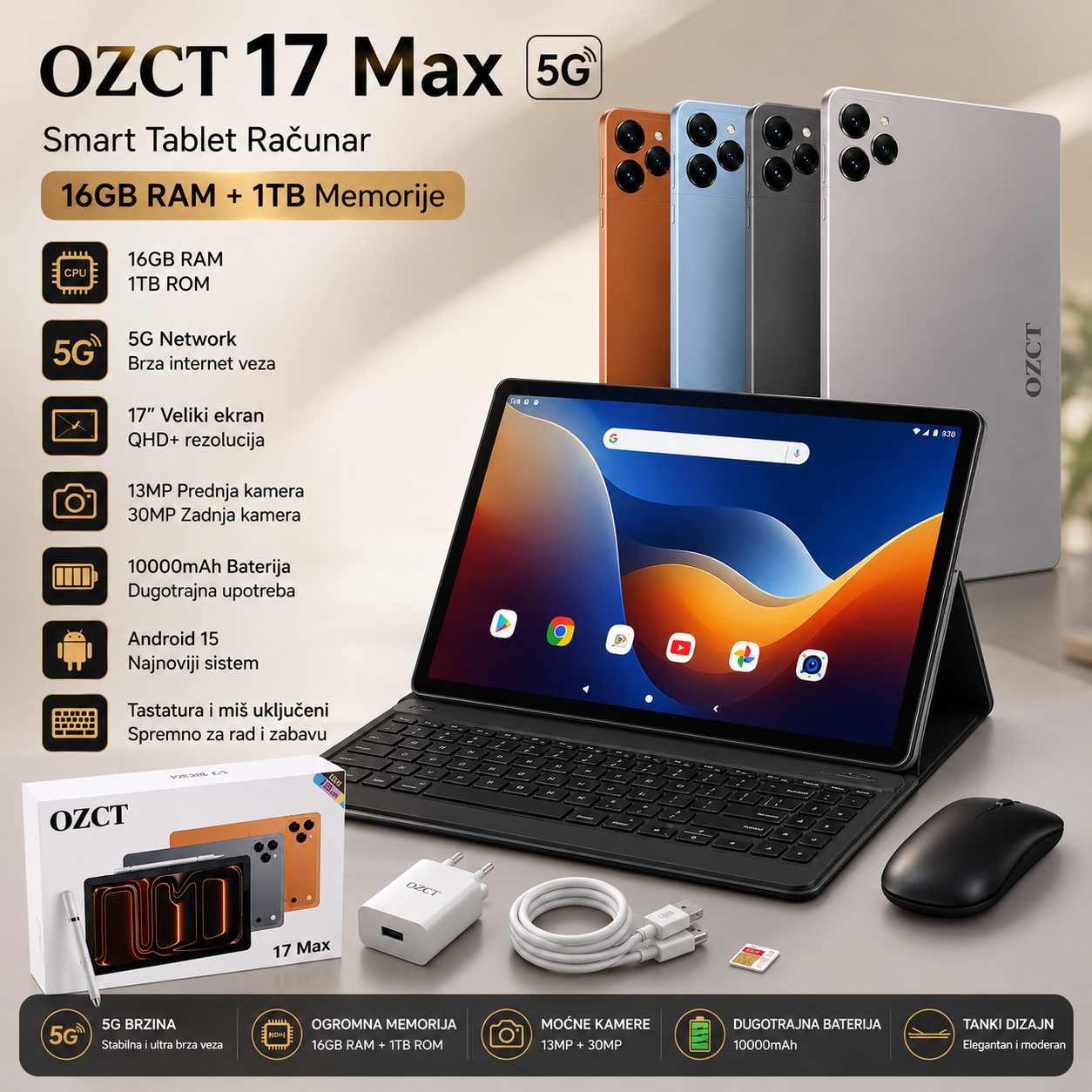 17 Max 5G Tablet 16GB RAM 1TB Memorija Smart Tablet Računar Android sa Tastaturom, Mišem i Olovkom