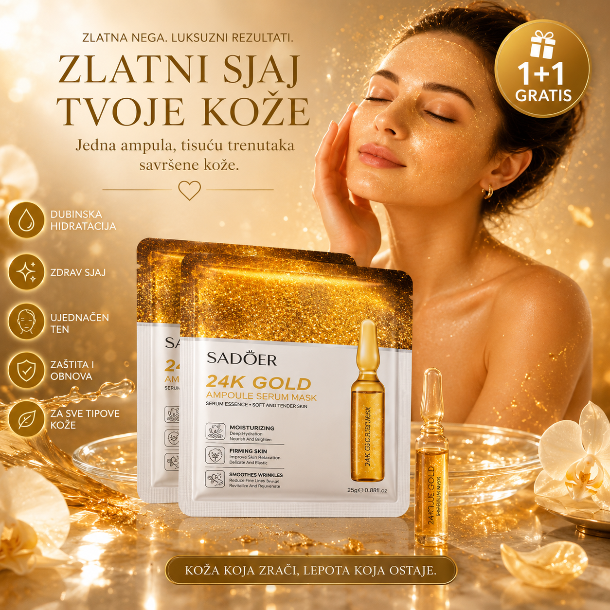 24K Zlatna Ampula Maska za Lice 1+1 Gratis – Dubinska Hidratacija, Sjaj Kože i Luksuzna Nega sa 24K Zlatom