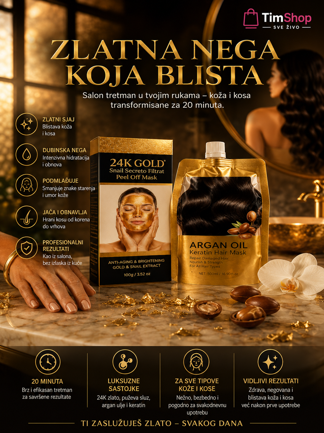 24K Gold Beauty Set – Zlatna Peel-Off Maska za Lice + Argan Keratin Maska za Kosu | Luksuzni Set za Negu