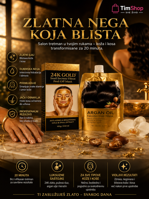 24K Gold Beauty Set – Zlatna Peel-Off Maska za Lice + Argan Keratin Maska za Kosu | Luksuzni Set za Negu