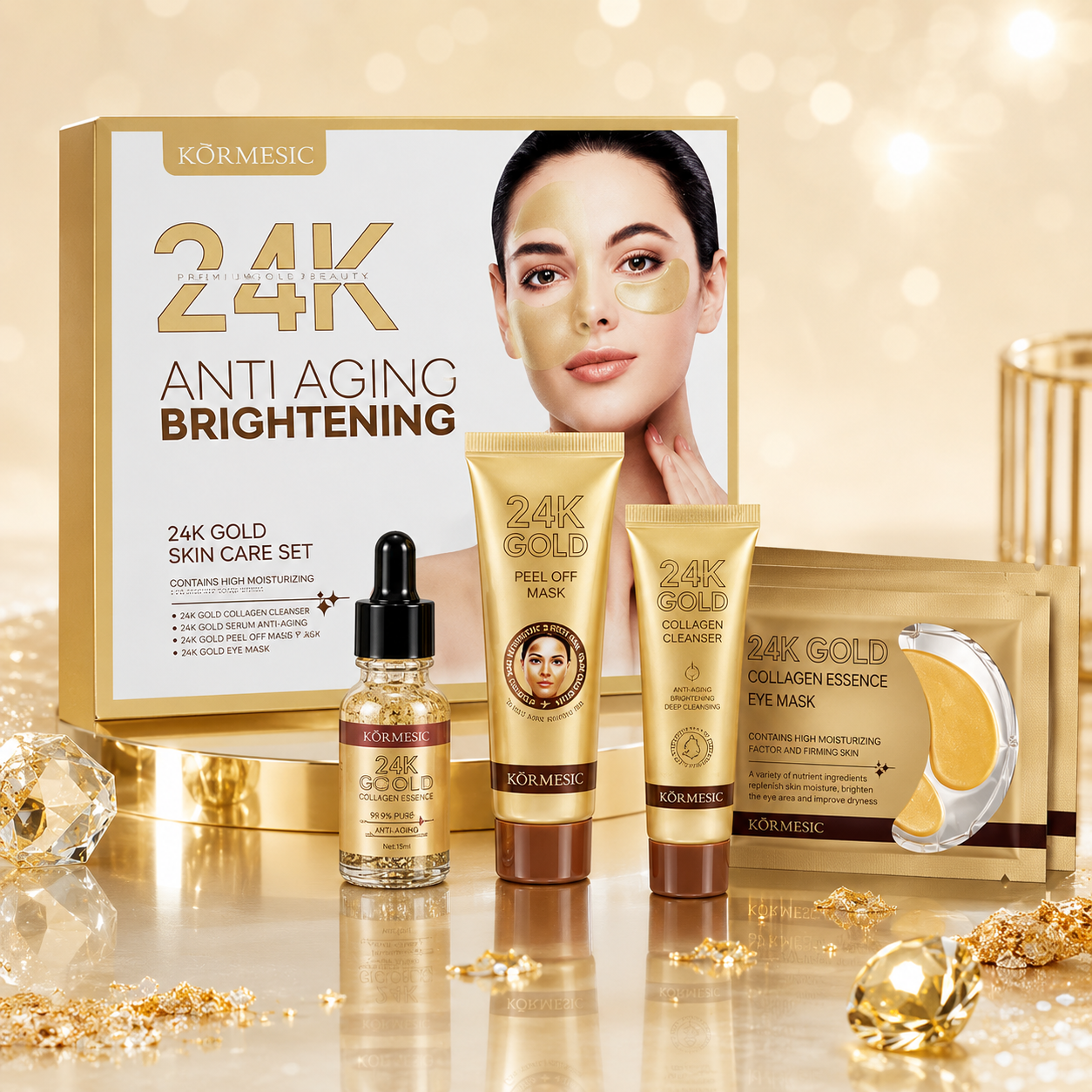24K Zlatni Set za Negu Lica – Serum, Čistač, Peel-Off Maska i Maska za Oči za Hidrataciju, Protiv Bora i Čišćenje Pora