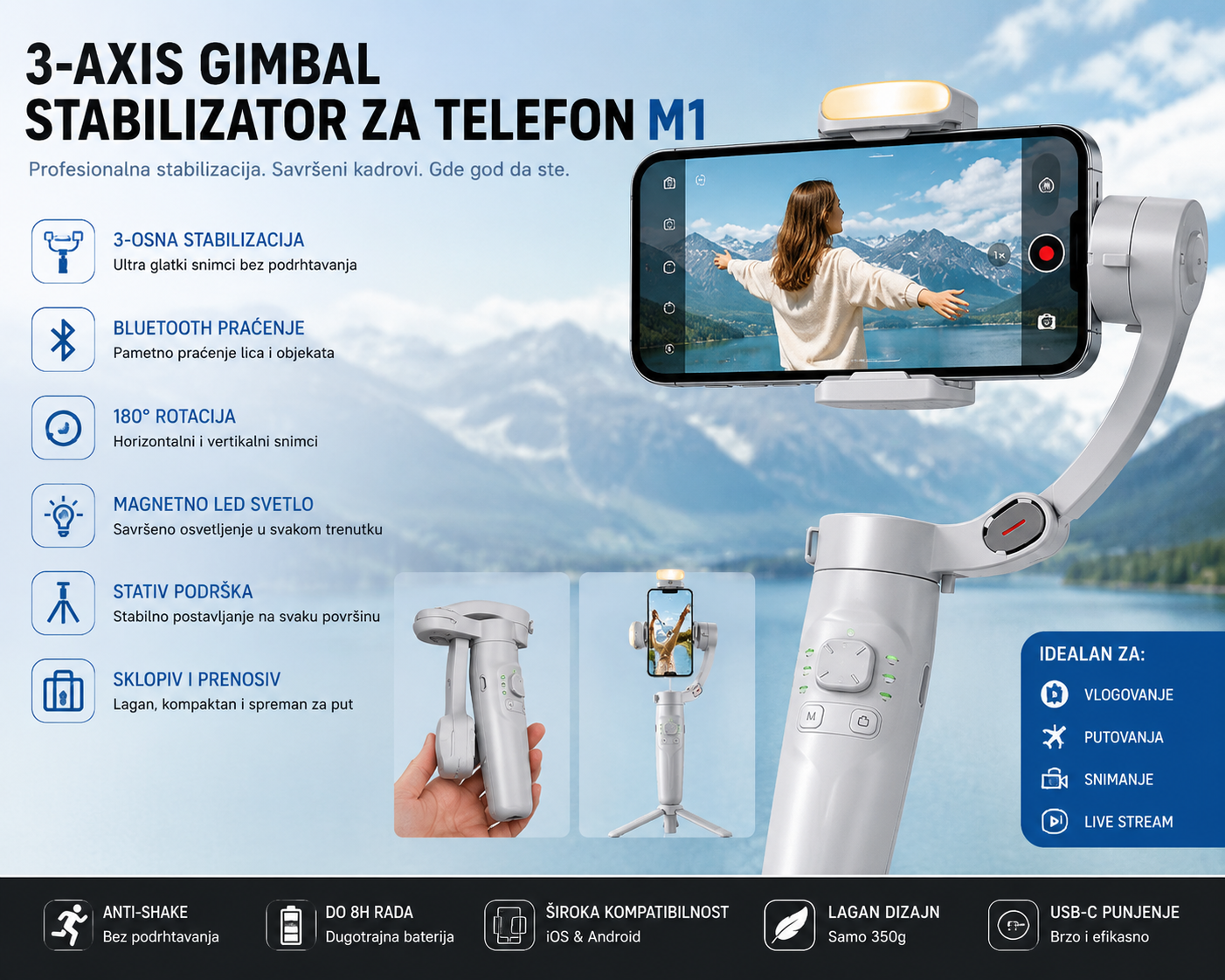 3-Axis Gimbal Stabilizator za Telefon M1 – Bluetooth Praćenje, 180° Rotacija, Magnetno LED Svetlo i Stativ | Profesionalni Anti-Shake Stabilizator za Snimanje i Vlogovanje