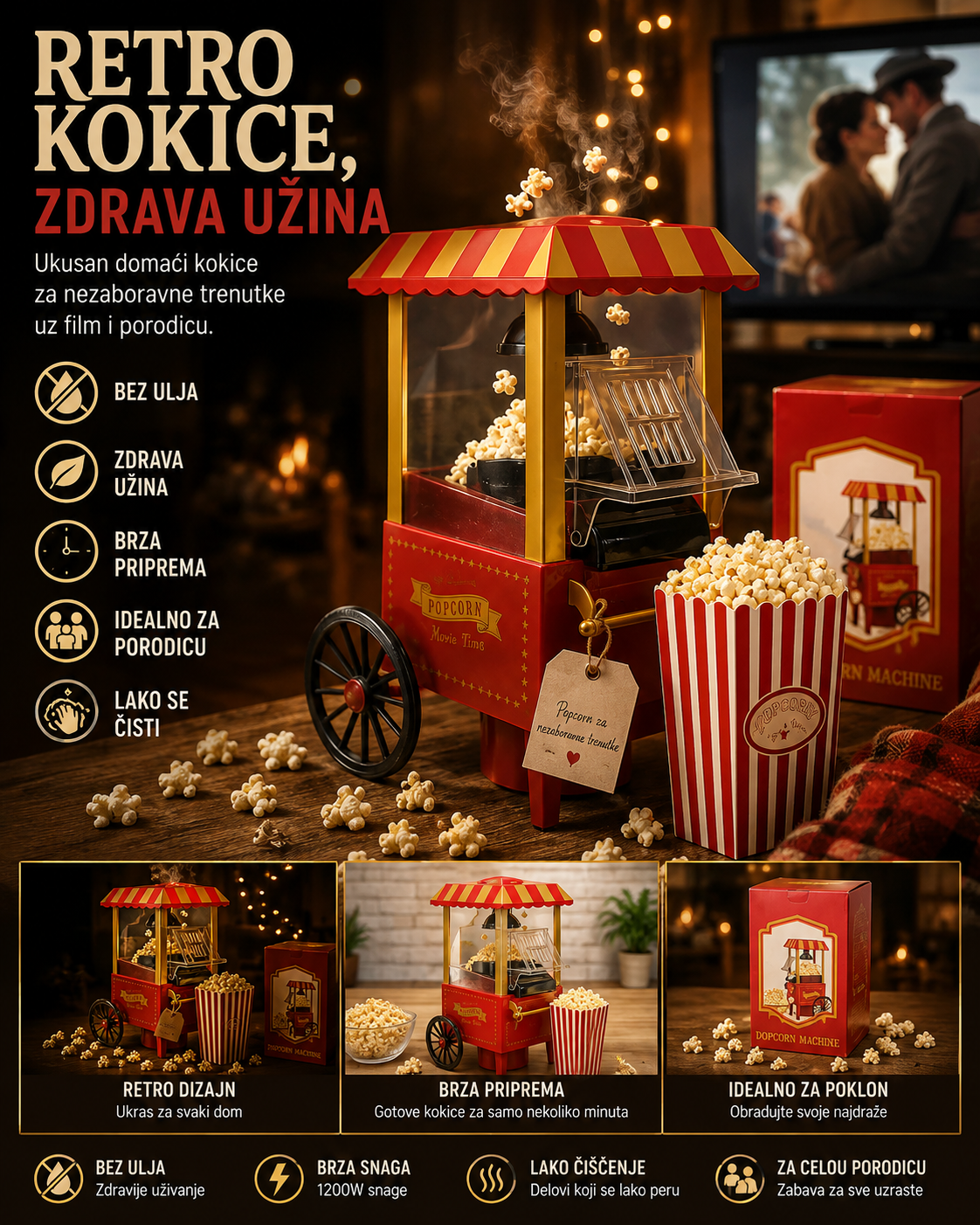 Retro Aparat za Kokice sa Kolicima – Mašina za Pripremu Svežih Kokica za Dom i Proslave