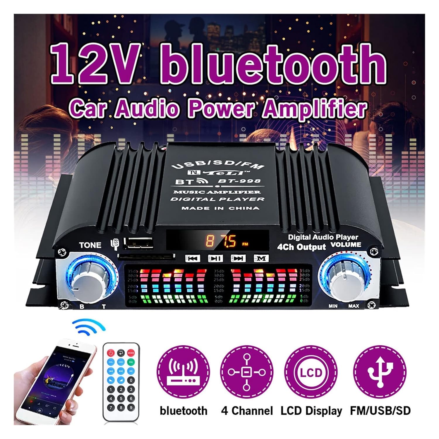 BT-998 FM radio bluetooth pojacalo 160W / 4 x 40W sa 4 izlaza