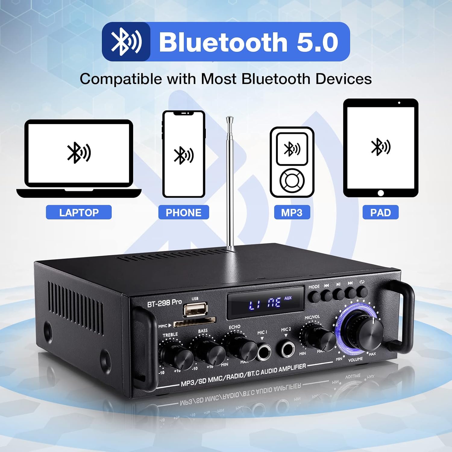 BT-298 Pro – HiFi Bluetooth Pojačalo 400W×2 sa MIC i FM Radiom