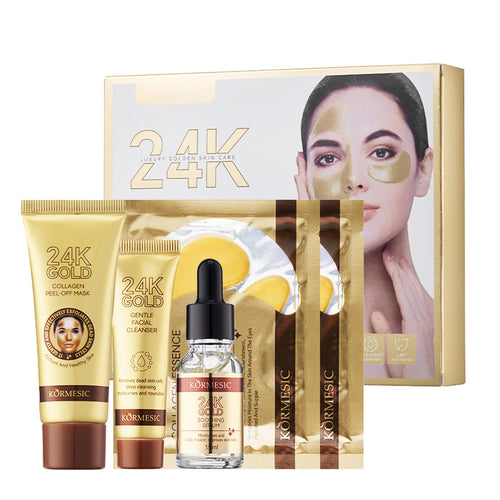 24K Zlatni Set za Negu Lica – Serum, Čistač, Peel-Off Maska i Maska za Oči za Hidrataciju, Protiv Bora i Čišćenje Pora