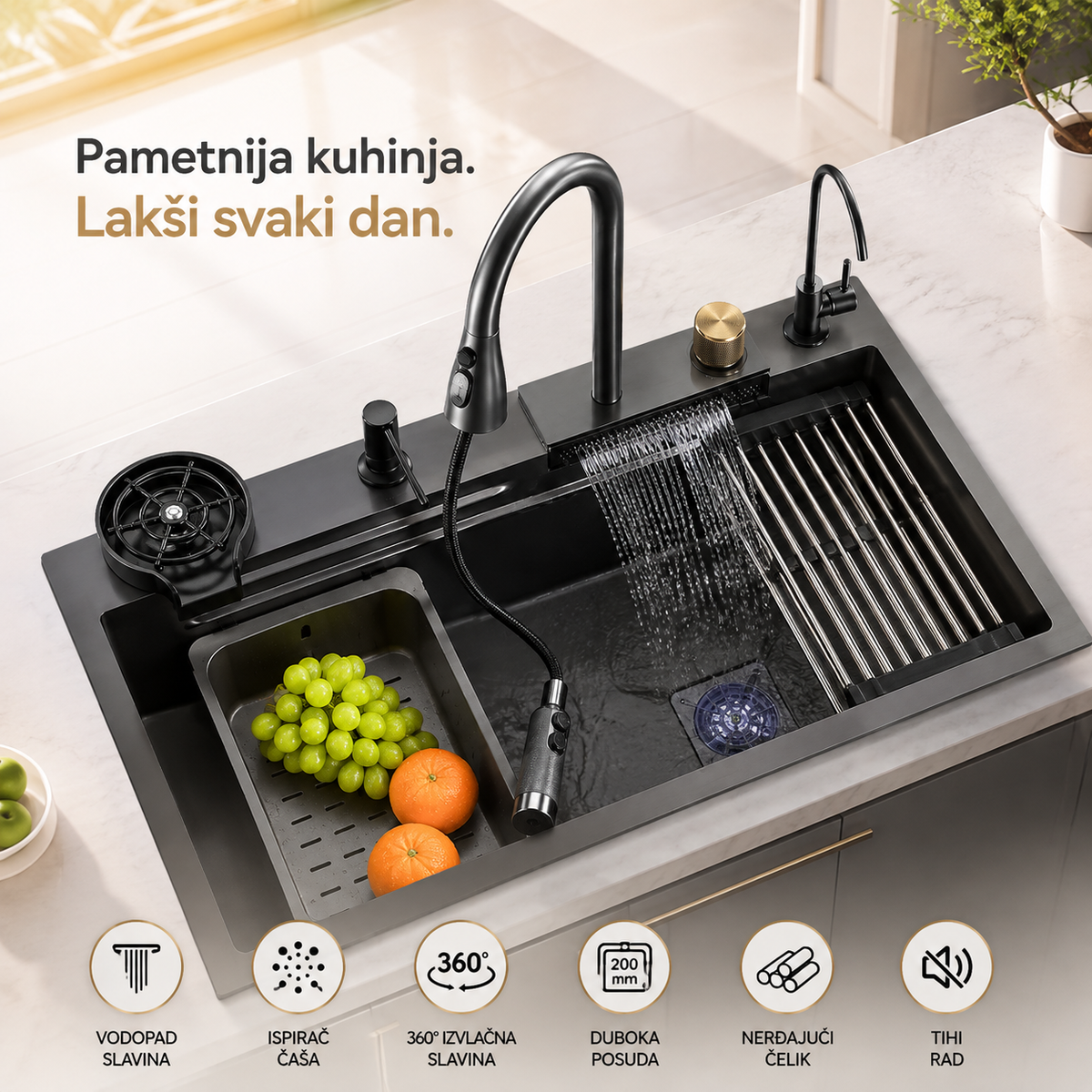 Multifunkcionalna Sudopera sa Slavinom i Kompletom Opreme 65x45 cm – Inox Kuhinjska Sudopera sa Vodopad Slavinom i Ispiračem Čaša