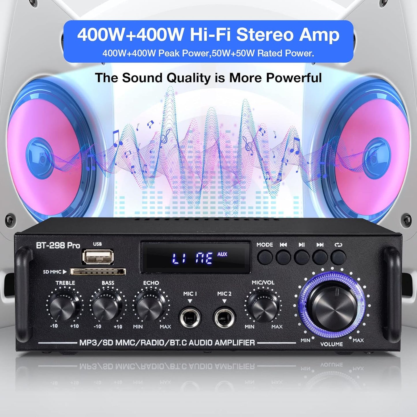 BT-298 Pro – HiFi Bluetooth Pojačalo 400W×2 sa MIC i FM Radiom