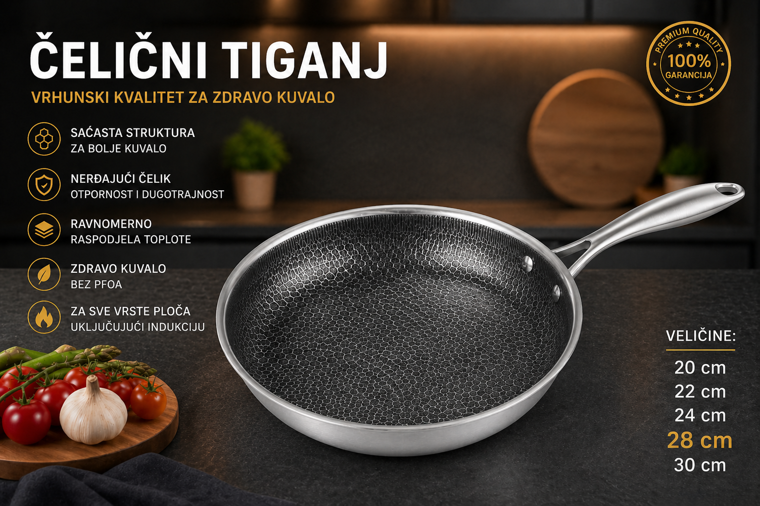 Premium Čelični Tiganj – Nerđajući Tiganj za Indukciju Saćasta Struktura, Bez Lepljenja