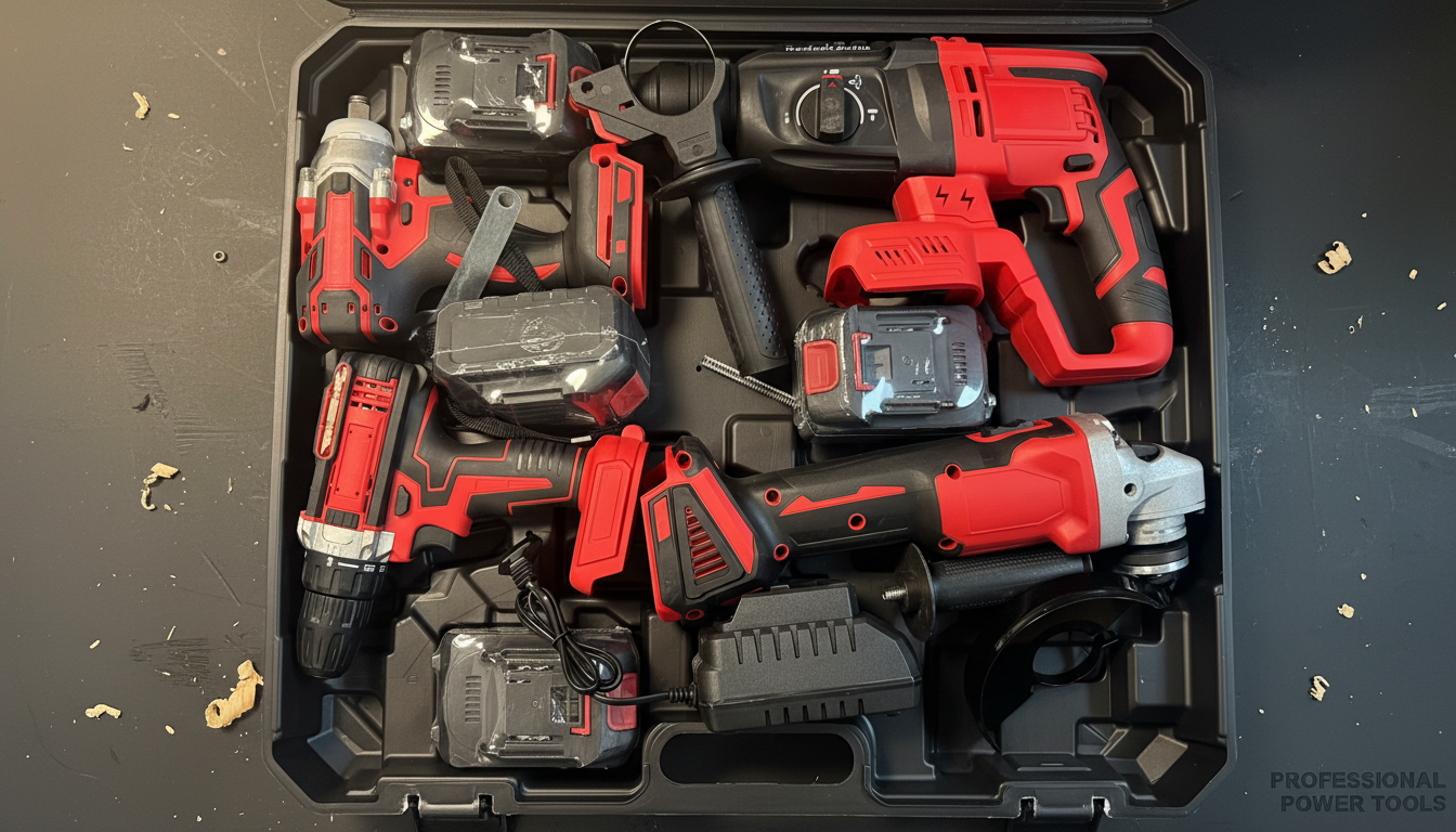 Aku Set Busilica, Brusilica, Odvijač Udarni 4u1 + 4 baterije Crveni