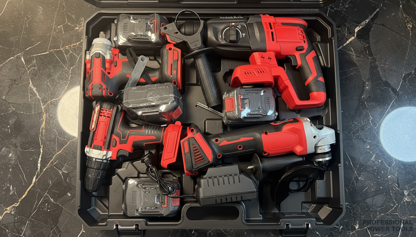 Aku Set Busilica, Brusilica, Odvijač Udarni 4u1 + 4 baterije Crveni