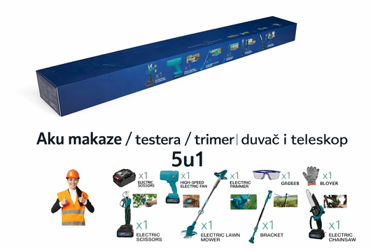 Aku Baštanski Set 5u1 – Makaze, Testera, Trimer, Duvač i Teleskop | Bežični Višenamenski Alat
