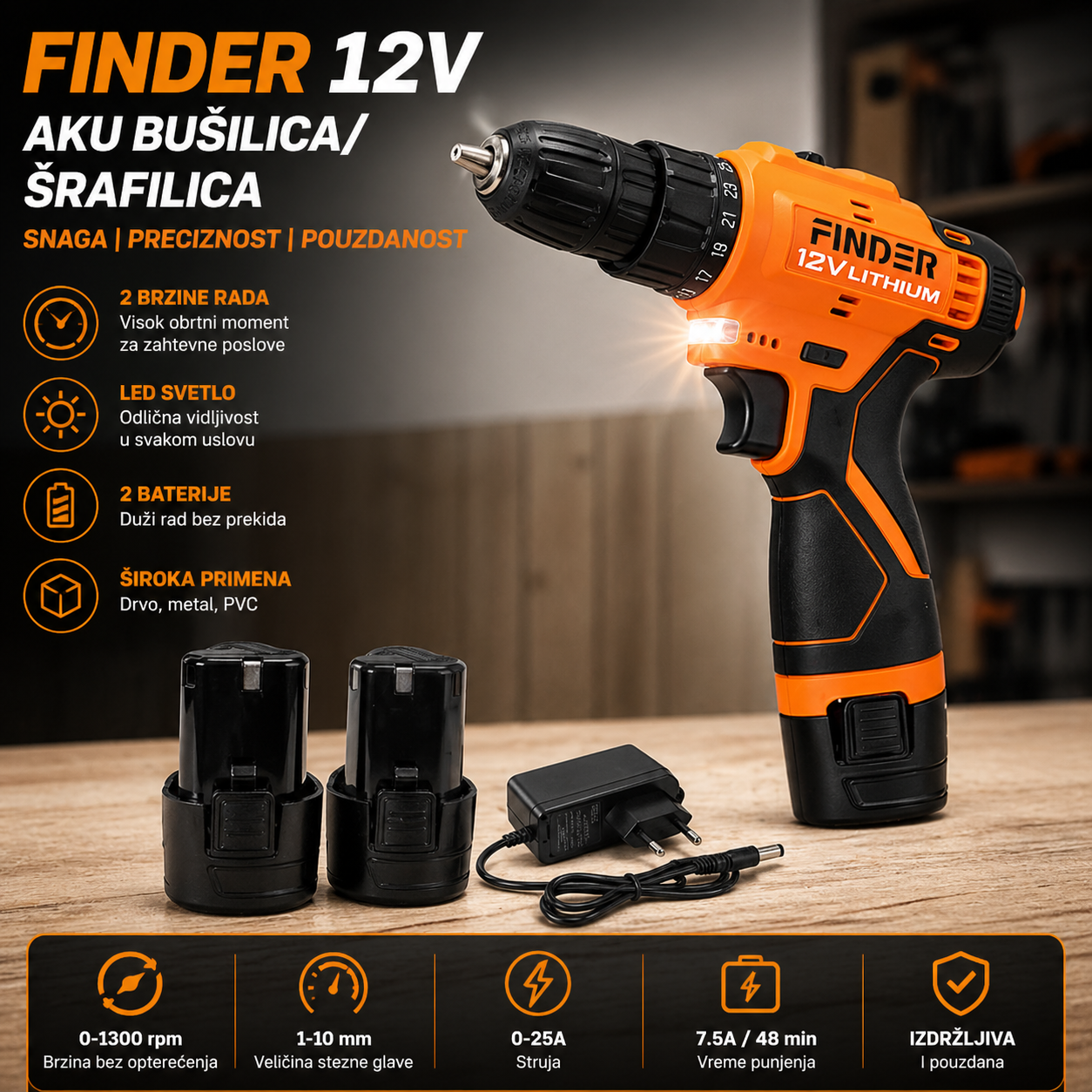 Aku Bušilica 12V Finder – Šrafilica sa 2 Baterije i LED Svetlom za Precizan Rad