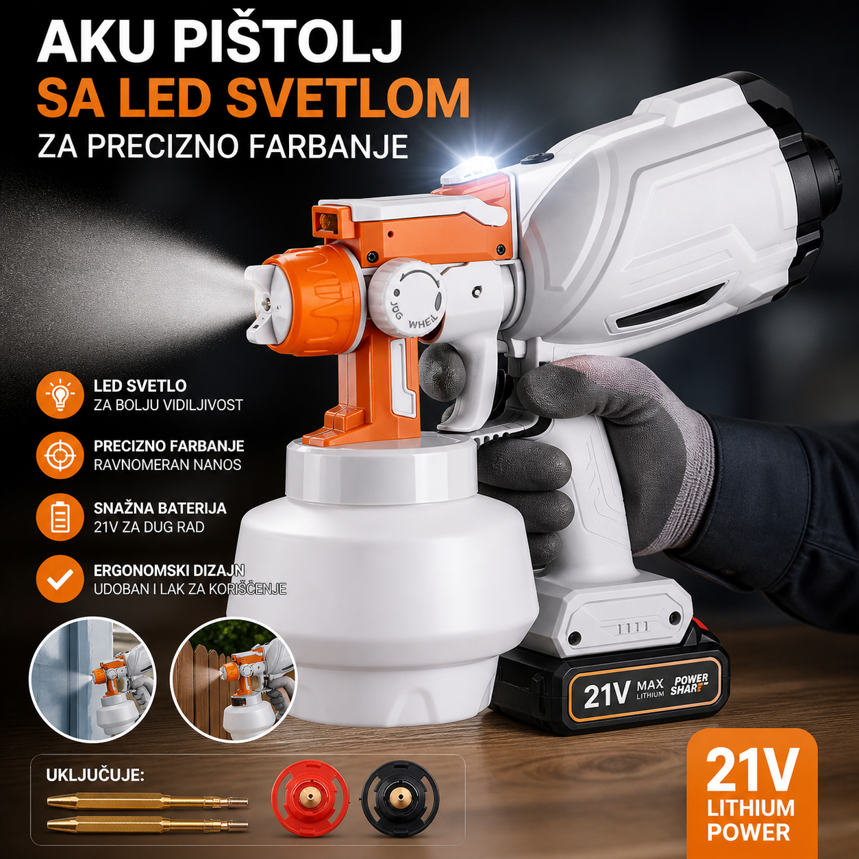  pištolj za farbanje 21V sa LED svetlom – Profesionalni aku paint sprayer za precizno nanošenje boje