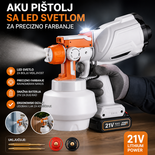  pištolj za farbanje 21V sa LED svetlom – Profesionalni aku paint sprayer za precizno nanošenje boje