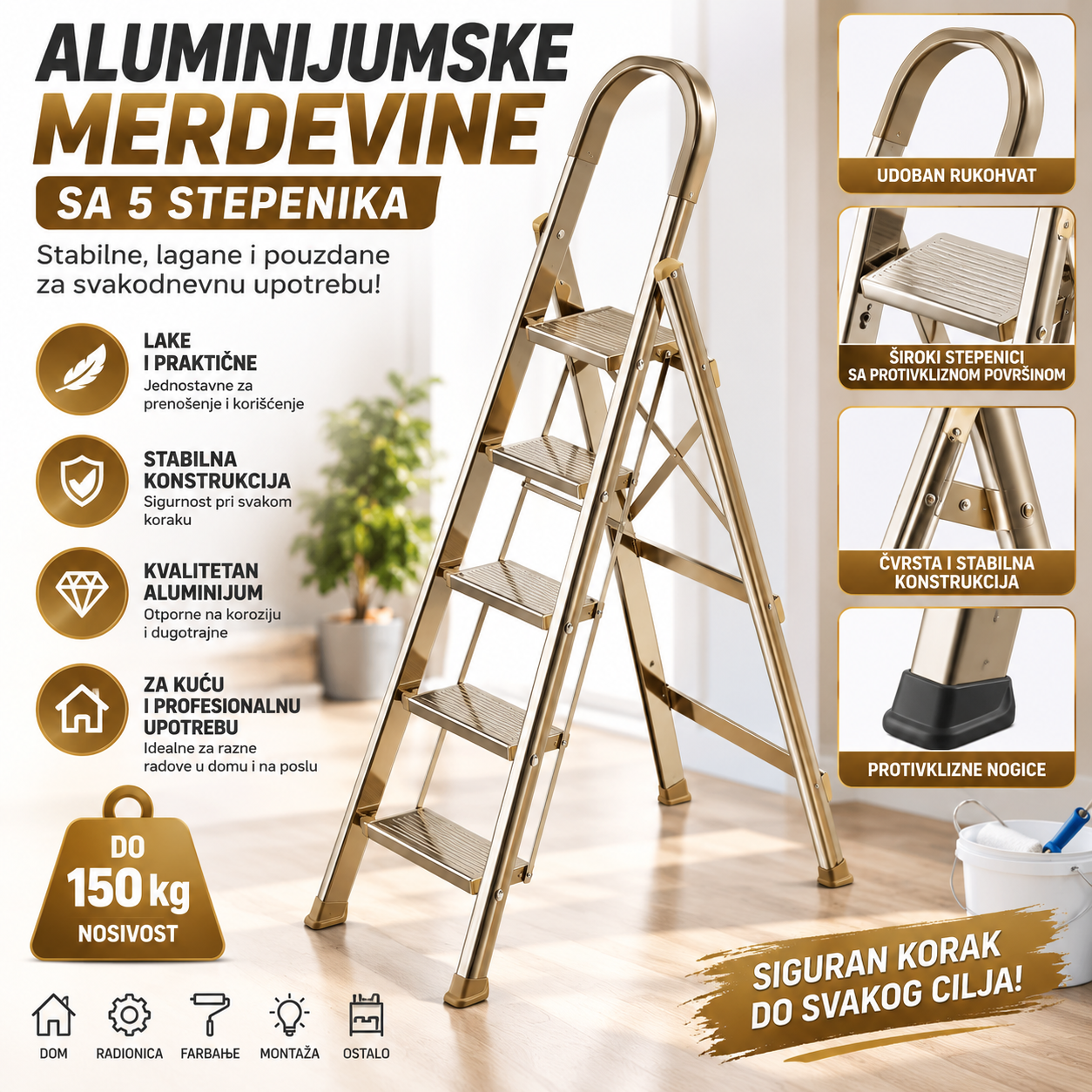 Aluminijumske Merdevine sa 5 Stepenika – Sklopive Kućne Merdevine za Rad, Održavanje i Domaćinstvo
