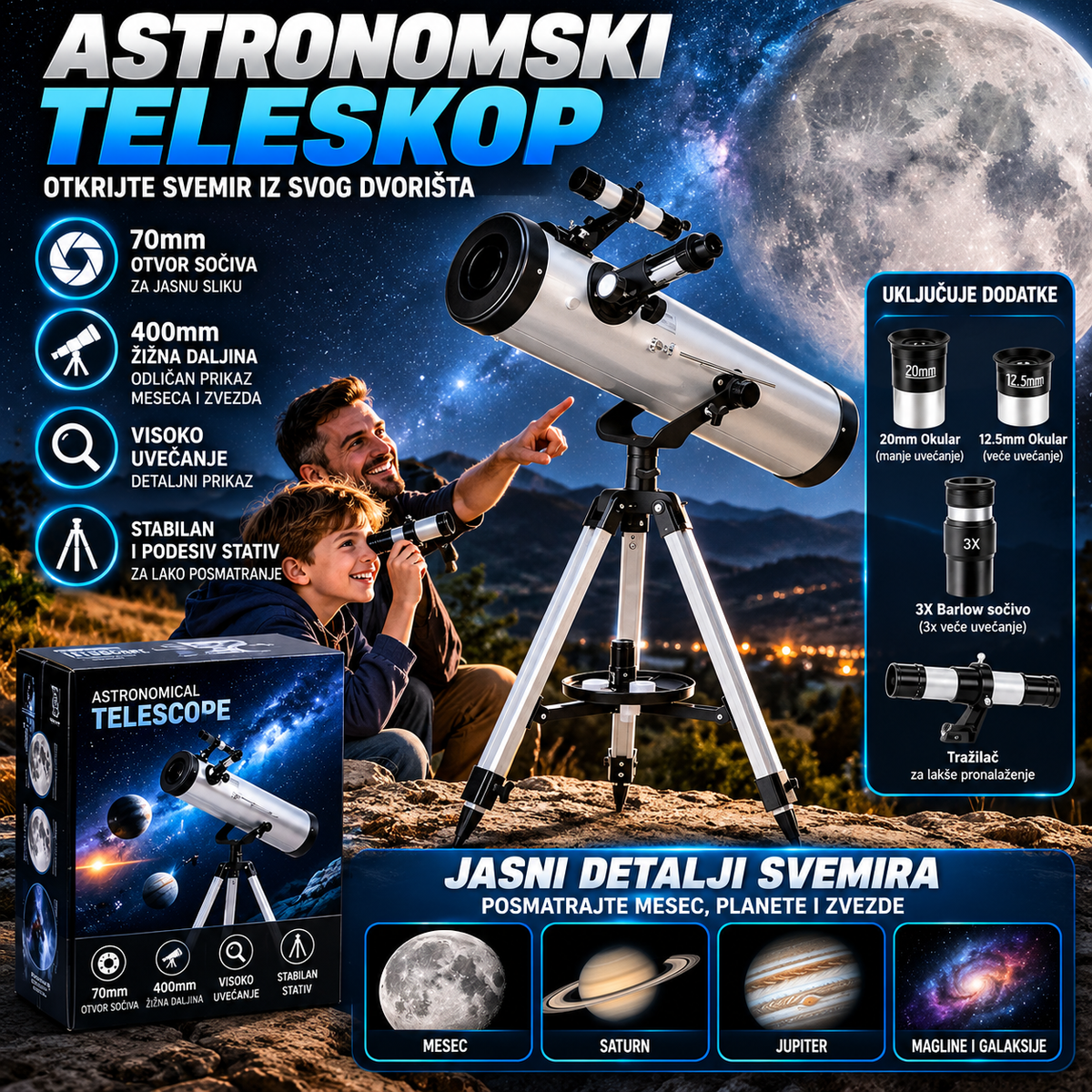 Astronomski Teleskop za Početnike i Decu – Profesionalni Teleskop sa Stativom za Posmatranje Meseca i Zvezda