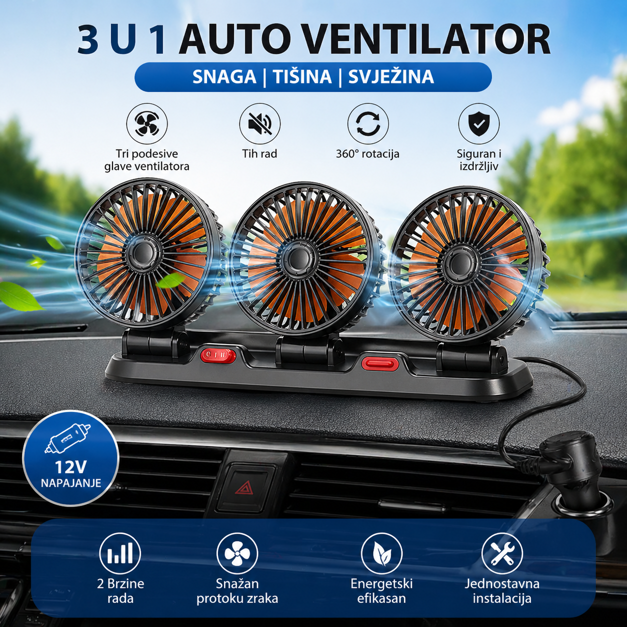 Auto Ventilator 3u1 12V – Trostruki Ventilator za Auto sa 360° Rotacijom | Snažan i Tih Rad