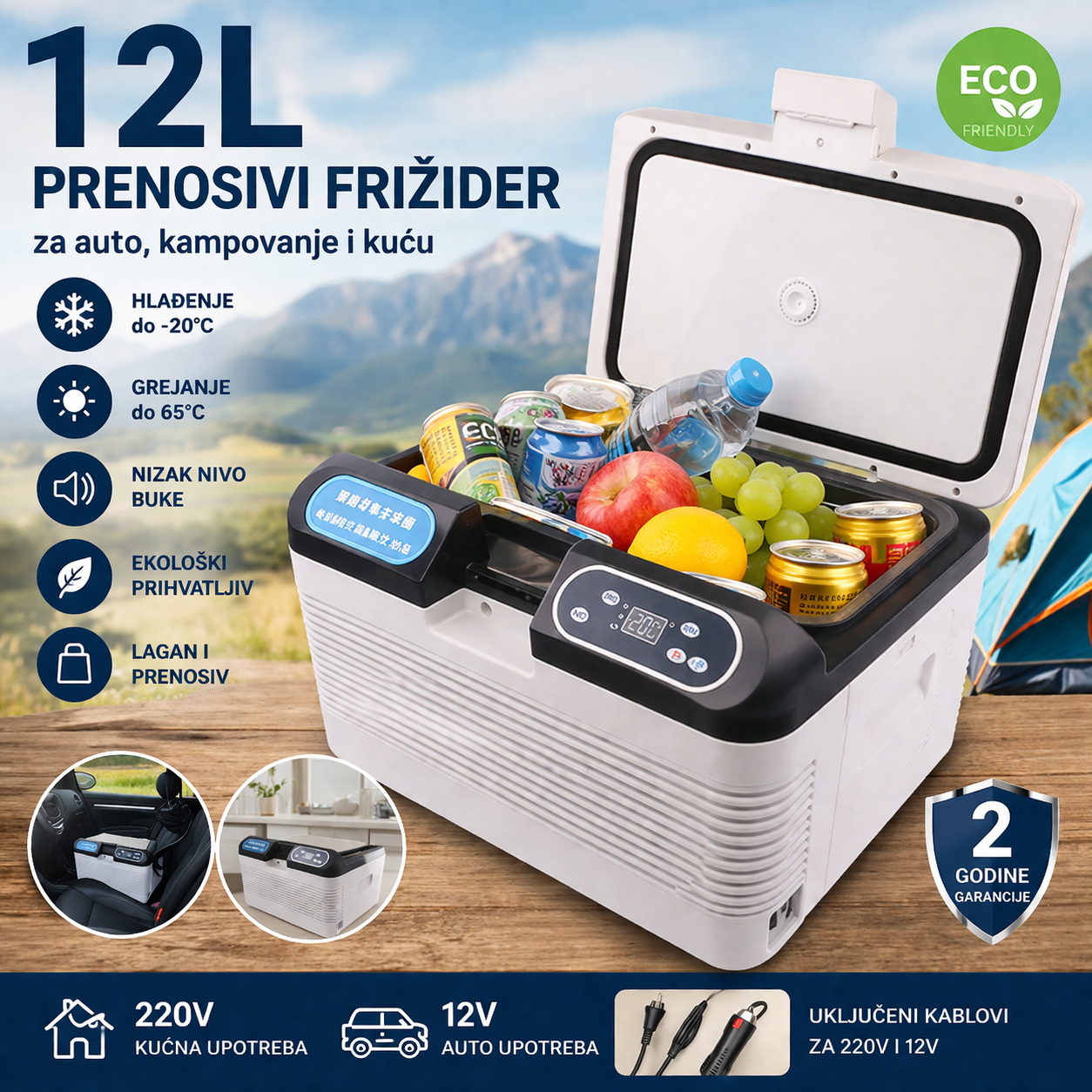 Auto Frižider 12L 12V/220V – Prenosivi Mini Frižider i Grejač | Idealan za Kamp, Putovanja i Kuću