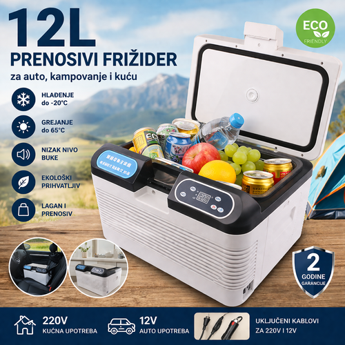 Auto Frižider 12L 12V/220V – Prenosivi Mini Frižider i Grejač | Idealan za Kamp, Putovanja i Kuću