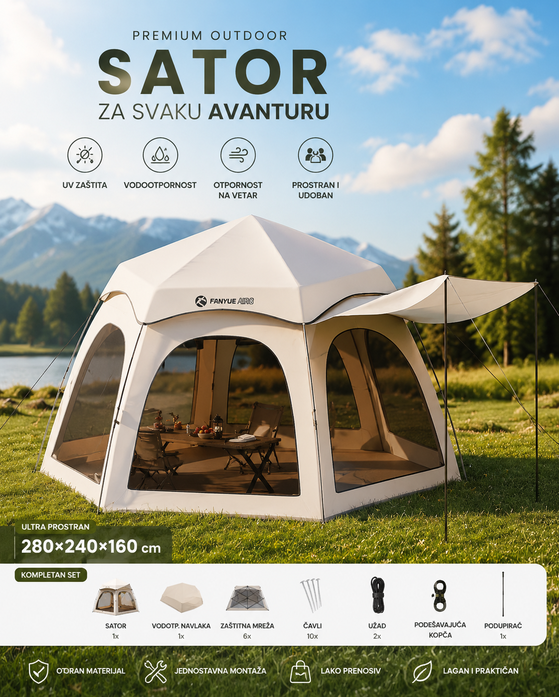 60 cm – Vodootporan, UV Zaštita, Brzo Sklapanje, Veliki Šator za Kampovanje, Plažu i Dvorište