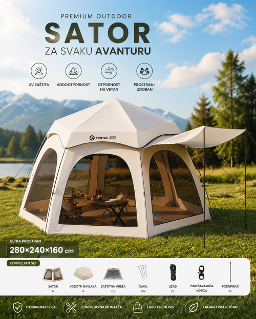 60 cm – Vodootporan, UV Zaštita, Brzo Sklapanje, Veliki Šator za Kampovanje, Plažu i Dvorište