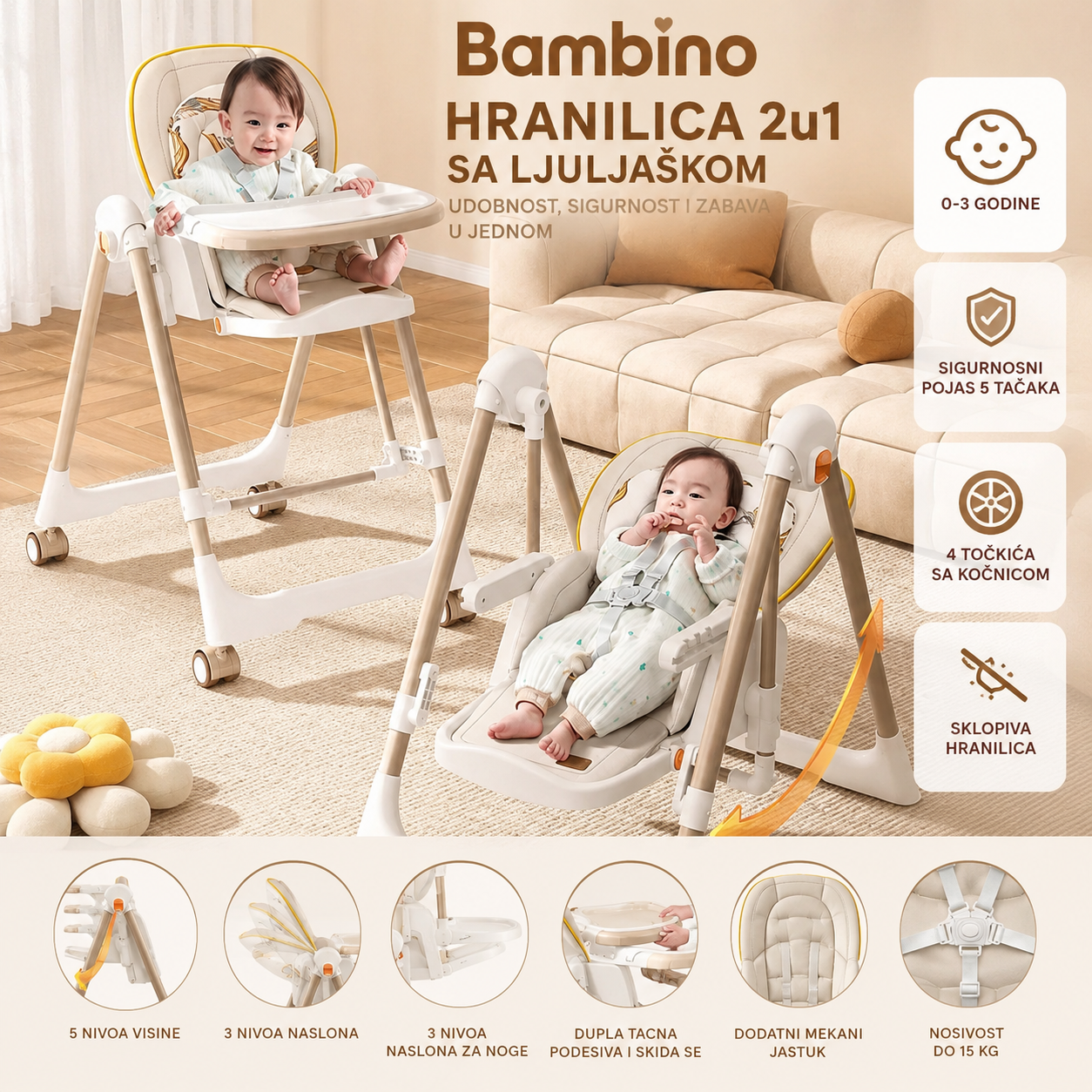 Bambino Hranilica za Bebe i Decu sa Ljuljaškom – Sklopiva Hranilica sa Točkićima, Podesivim Naslonom i Tacnom za Hranjenje