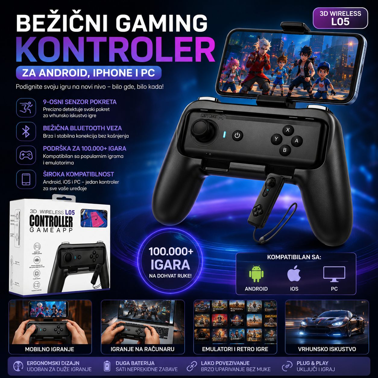 Bežični Gaming Kontroler za Android, iPhone i PC – Bluetooth Džojstik sa 9-Osnim Senzorom Pokreta i 100.000+ Igara