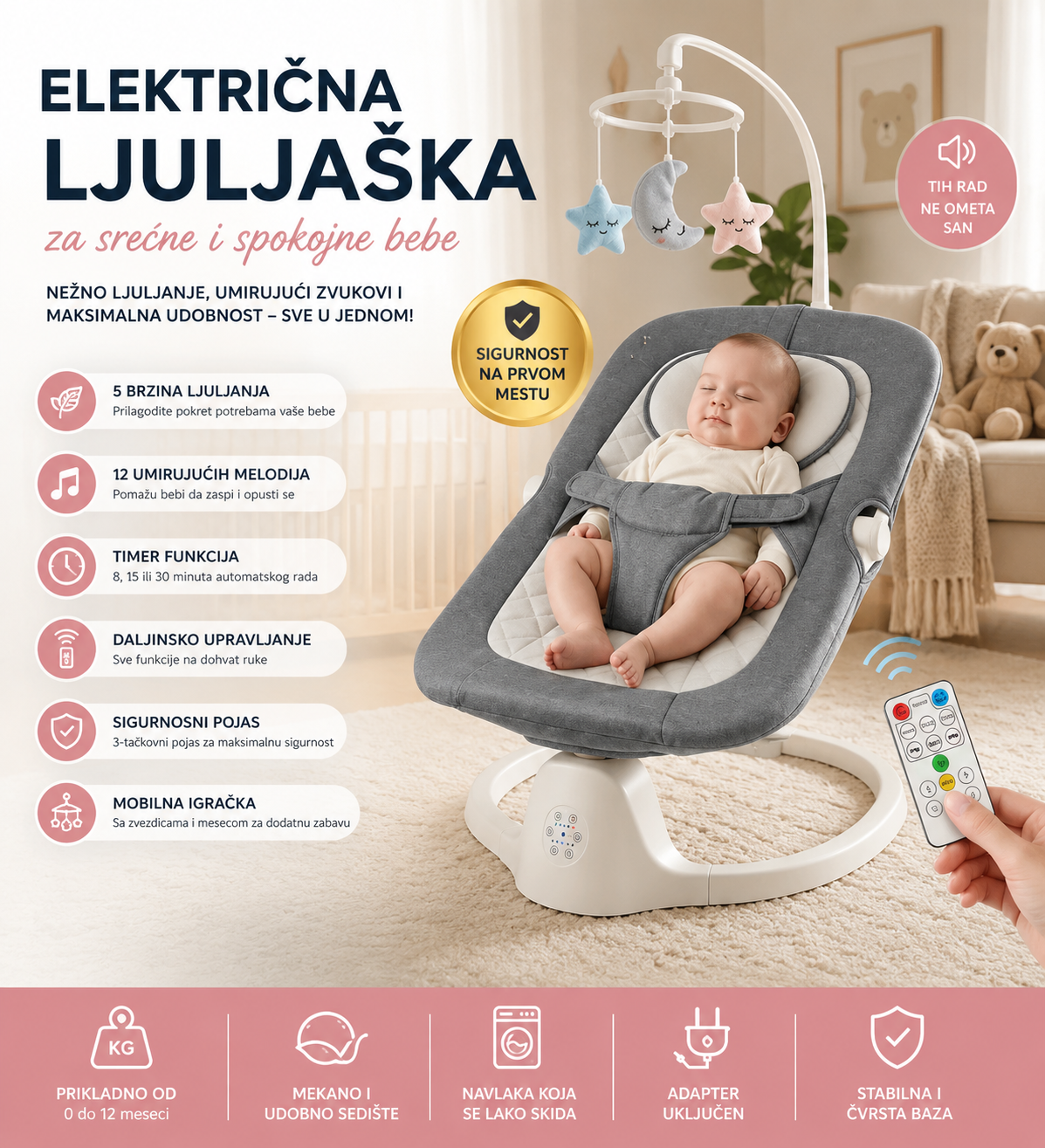 Muzička električna ljuljaška za bebe sa daljinskim upravljačem, automatskim ljuljanjem, sigurnosnim pojasom i umirujućim melodijama za miran san bebe.