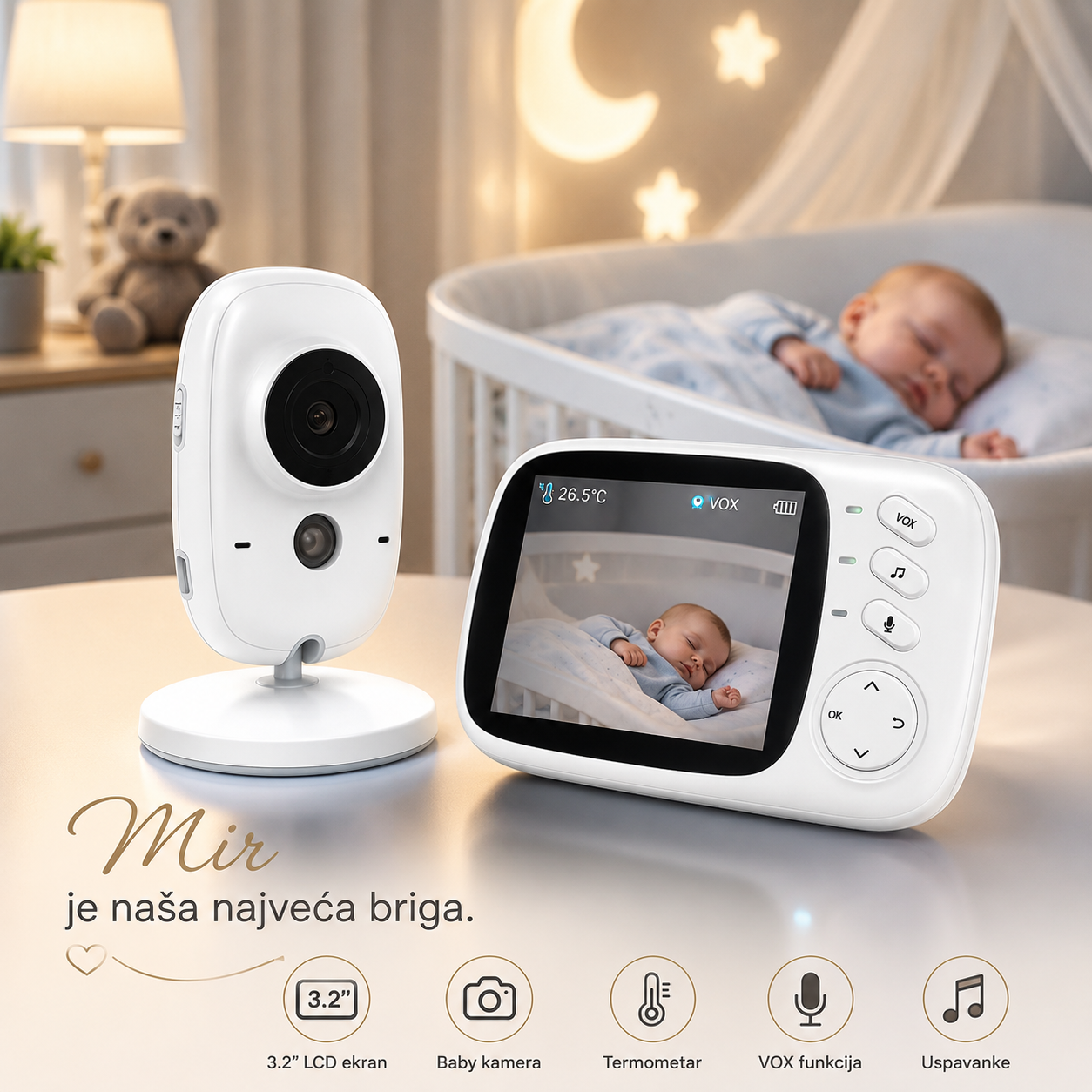 Bebi Monitor sa Kamerom 3.2" LCD – Bebi Alarm sa Termometrom, Noćnim Vidom i Dvosmernom Komunikacijom