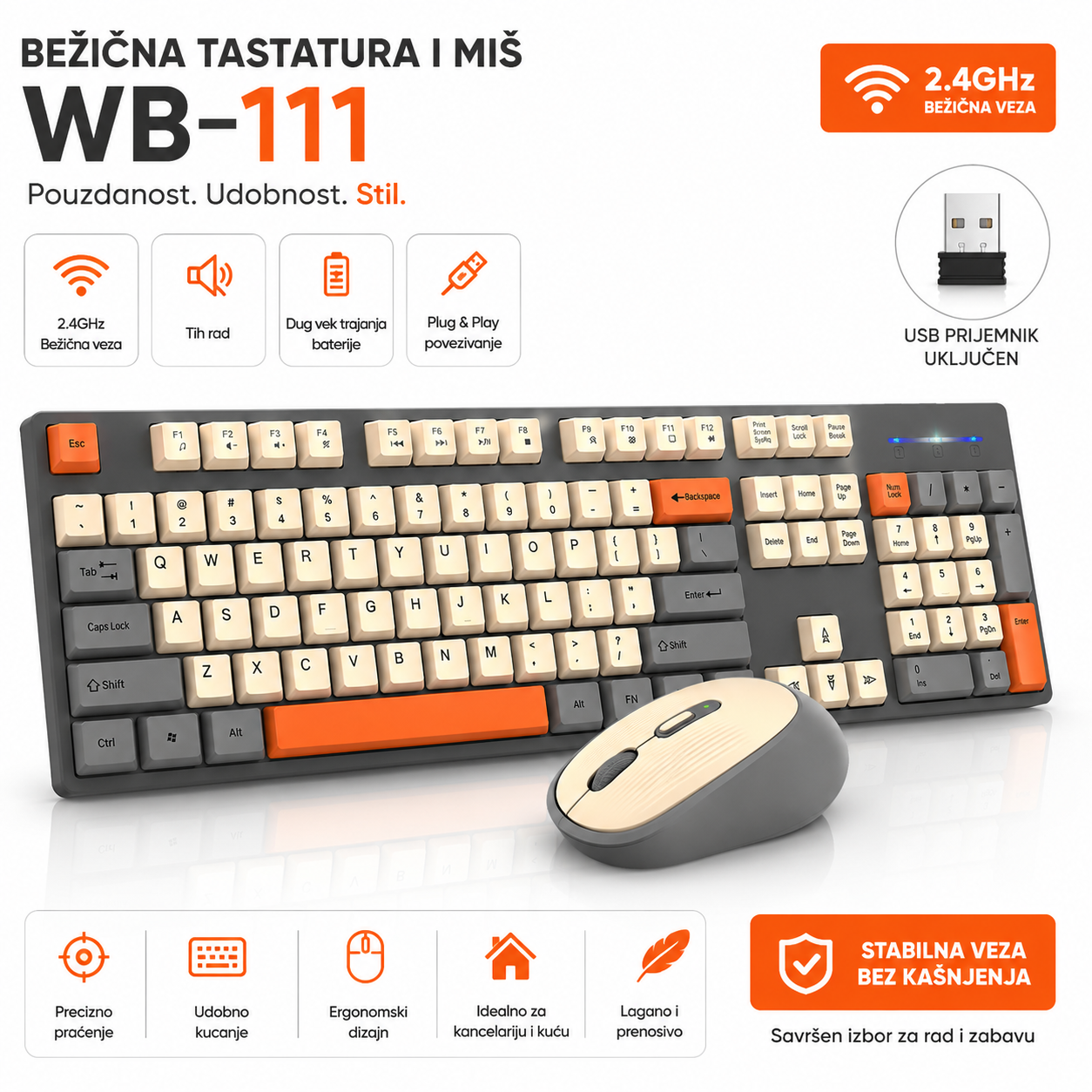 WB-111 Bežična Tastatura i Miš – 2.4GHz Wireless Set sa 104 Tastera | Tih, Precizan i Ergonomski Dizajn