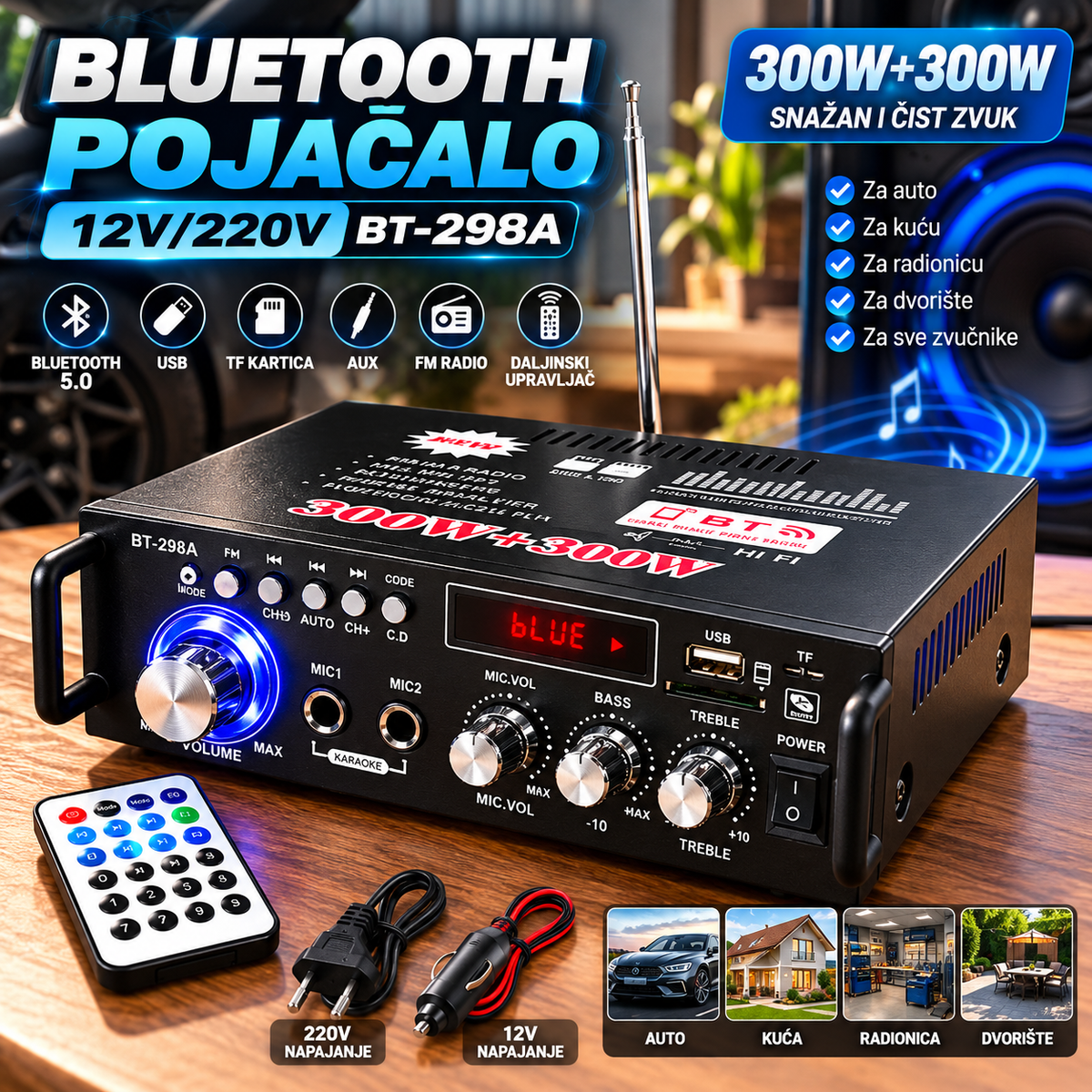 Bluetooth Pojačalo za Auto BT-298A 12V/220V – Audio Pojačavač sa Bežičnom Bluetooth Konekcijom