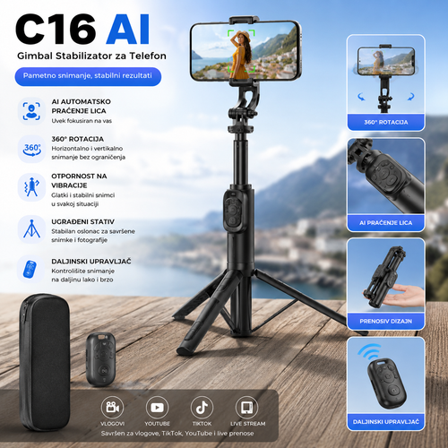 C16 AI Gimbal Stabilizator za Telefon sa Automatskim Praćenjem Lica | 360° Rotacija, Anti-Shake, Daljinski Upravljač i Stativ za TikTok, YouTube i Live Streaming