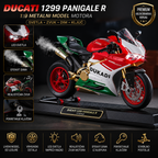 Ducati 1299 Panigale R 1:9 metalni model motora sa LED svetlima, zvukom motora, efektom dima i ključem za pokretanje, premium kolekcionarska replika.