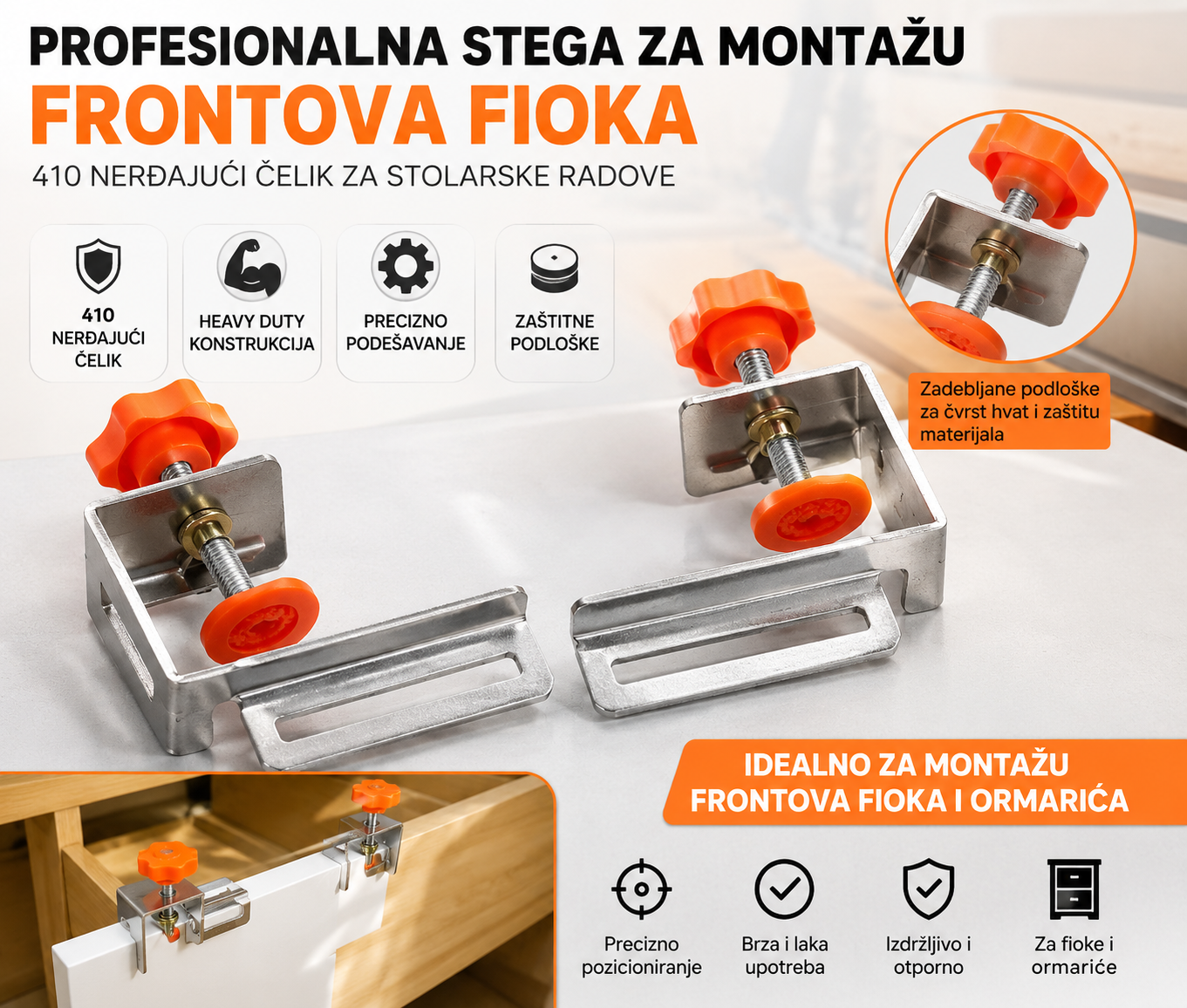 đajućeg Čelika – Profesionalna Stolarska Stezaljka za Precizno Postavljanje Frontova Ormarića