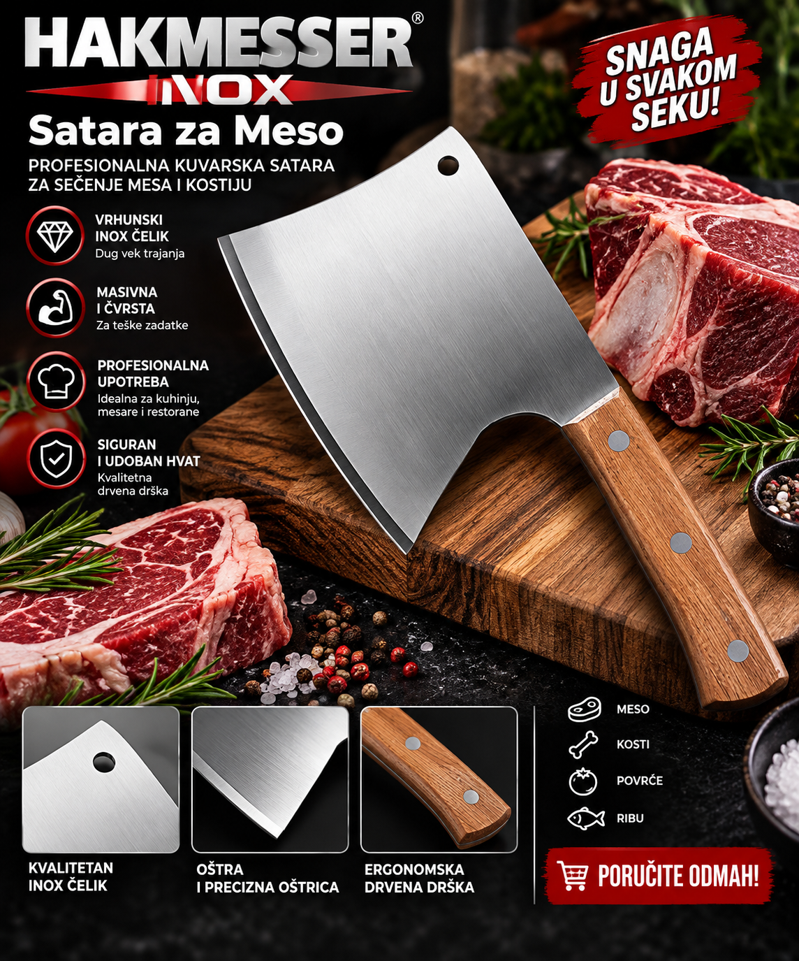 HAKMESSER INOX Satara za Meso – Profesionalna Kuvarska Satara za Sečenje Mesa i Kostiju