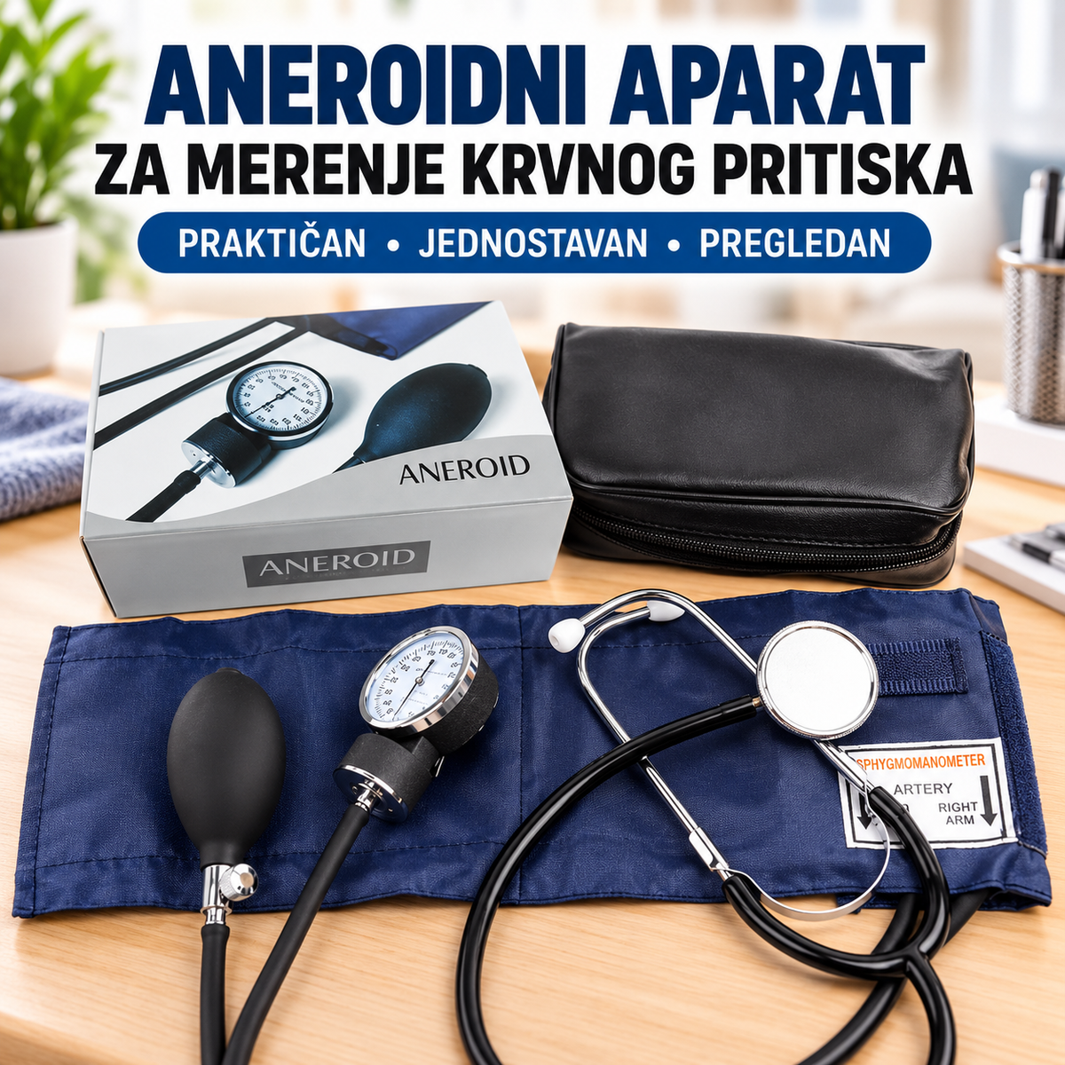 Aneroidni Aparat za Merenje Krvnog Pritiska – Ručni Manometar sa Manžetnom i Stetoskopom