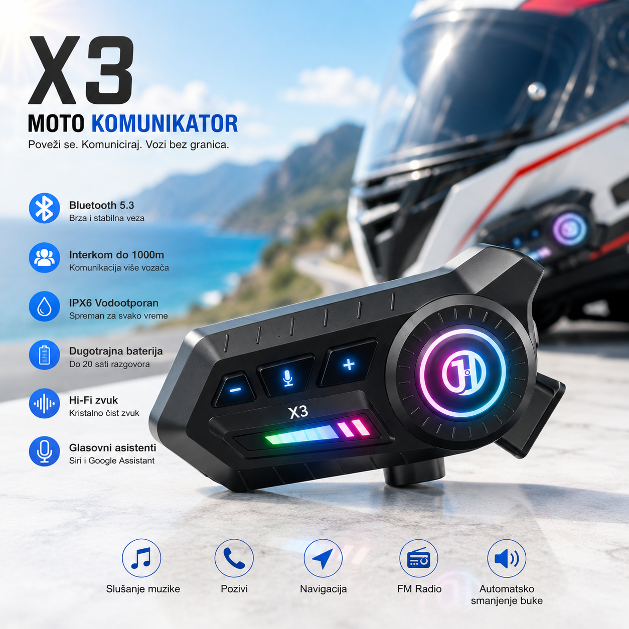 X3 Moto Komunikator za Kacigu – Bluetooth Slušalice sa Mikrofonom