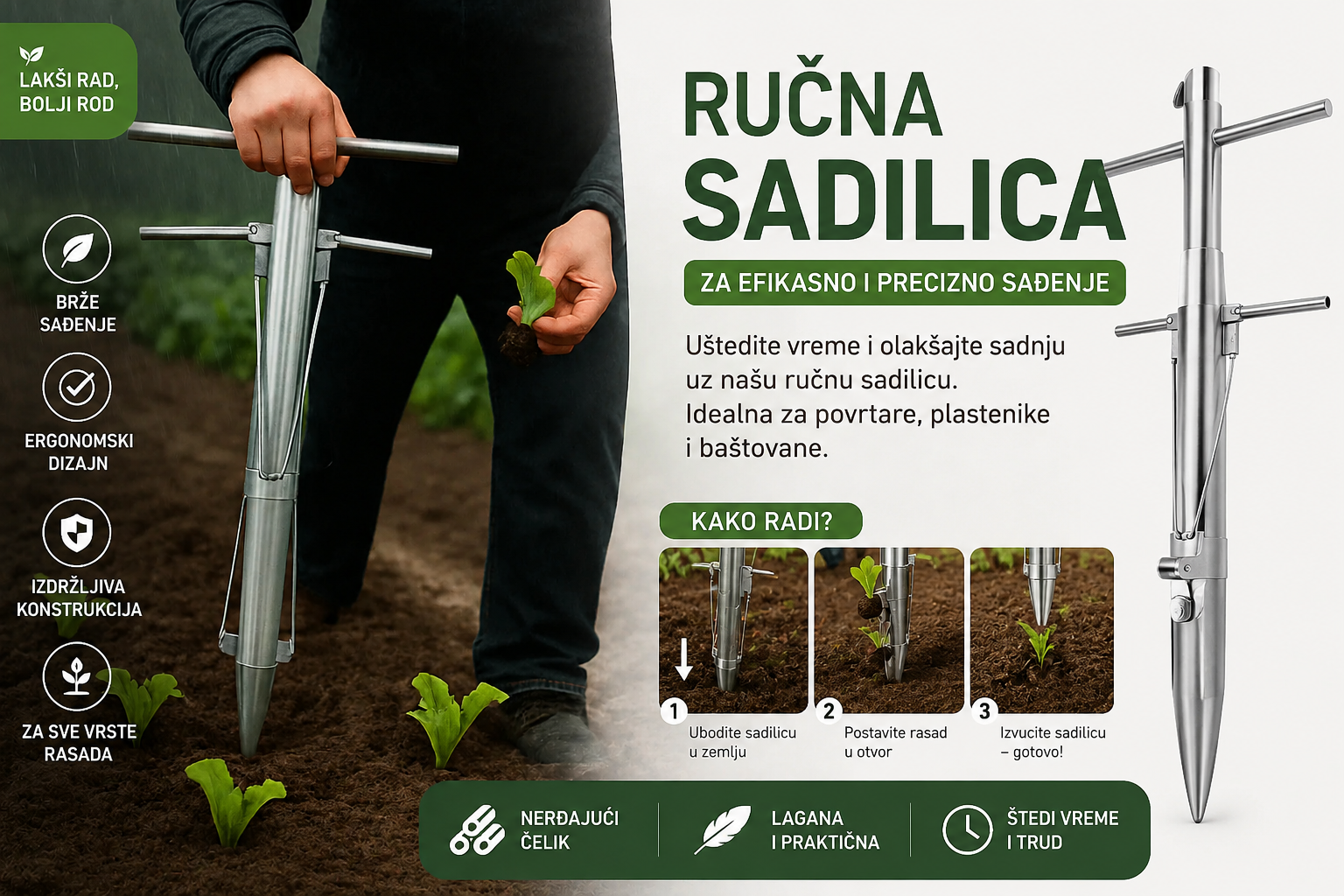 Ručna Sadilica za Rasad – Profesionalni Alat za Preciznu Sadnju Povrća, Cveća i Sadnica od Nerđajućeg Čelika