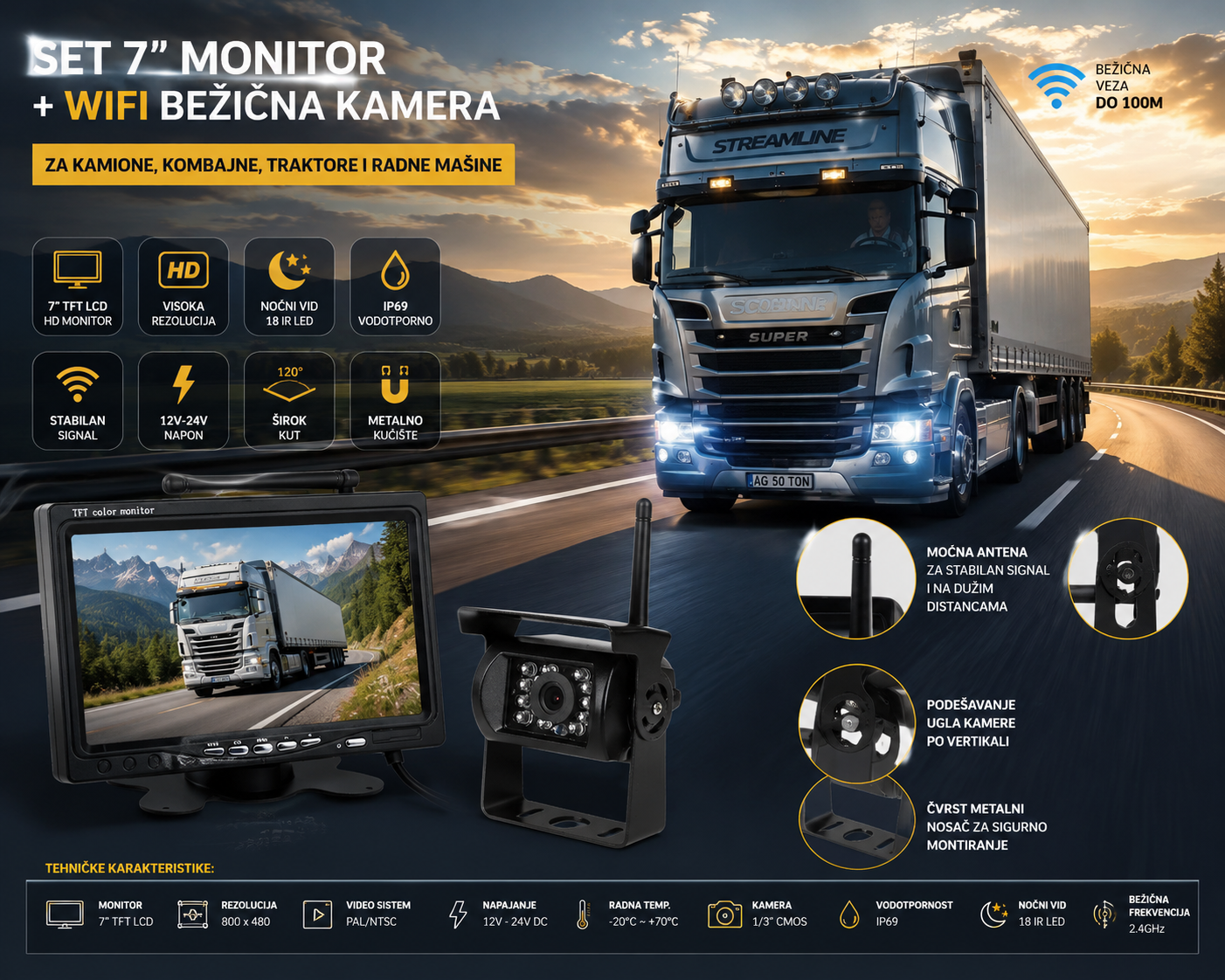 Set 7" HD Monitora i WiFi Bežične Kamere za Kamione, Kombajne i Traktore – Noćni Vid, 12V/24V
