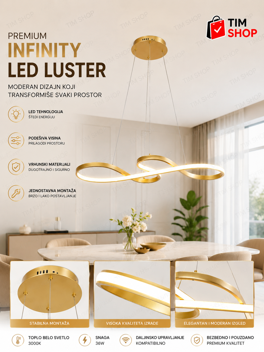 Premium Infinity LED Luster Zlatni – Moderan Dizajn koji Transformiše Svaki Prostor