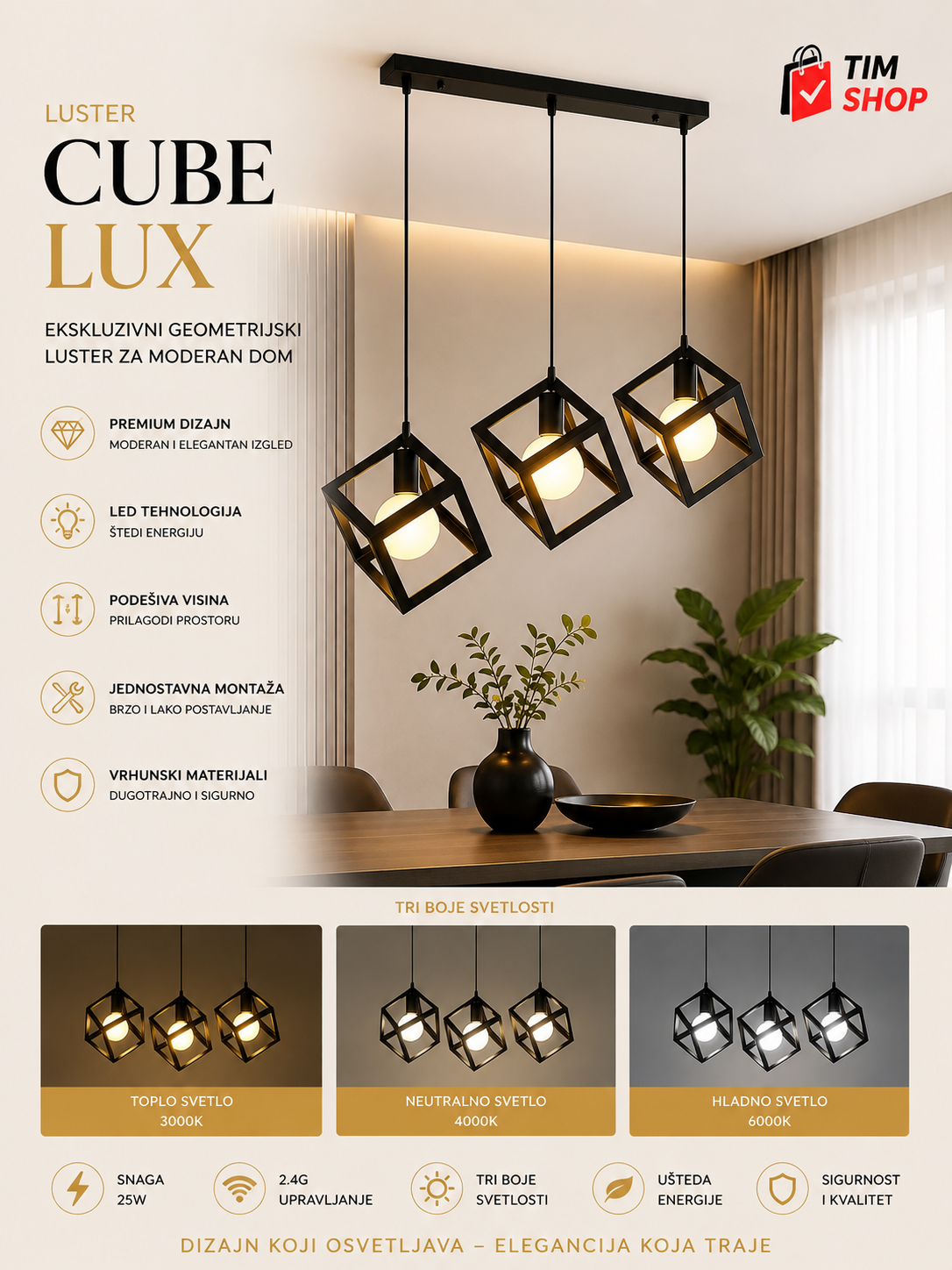 Cube Lux LED Viseći Luster – Ekskluzivni Geometrijski Luster za Moderan Dom, Elegantna Premium Rasveta za Trpezariju i Dnevnu Sobu