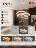 Luksuzni LED Luster sa 3 Prstena 36W – Podesiva Visina, Daljinski Upravljač i 3 Boje Svetla | Moderan Kristalni Plafonski Luster