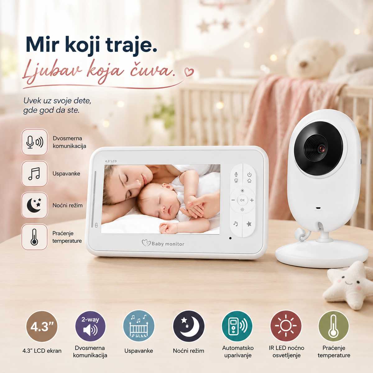 Bebi Monitor sa Kamerom 4,3" i Termometrom – Video Baby Monitor sa Noćnim Vidom i VOX Funkcijom