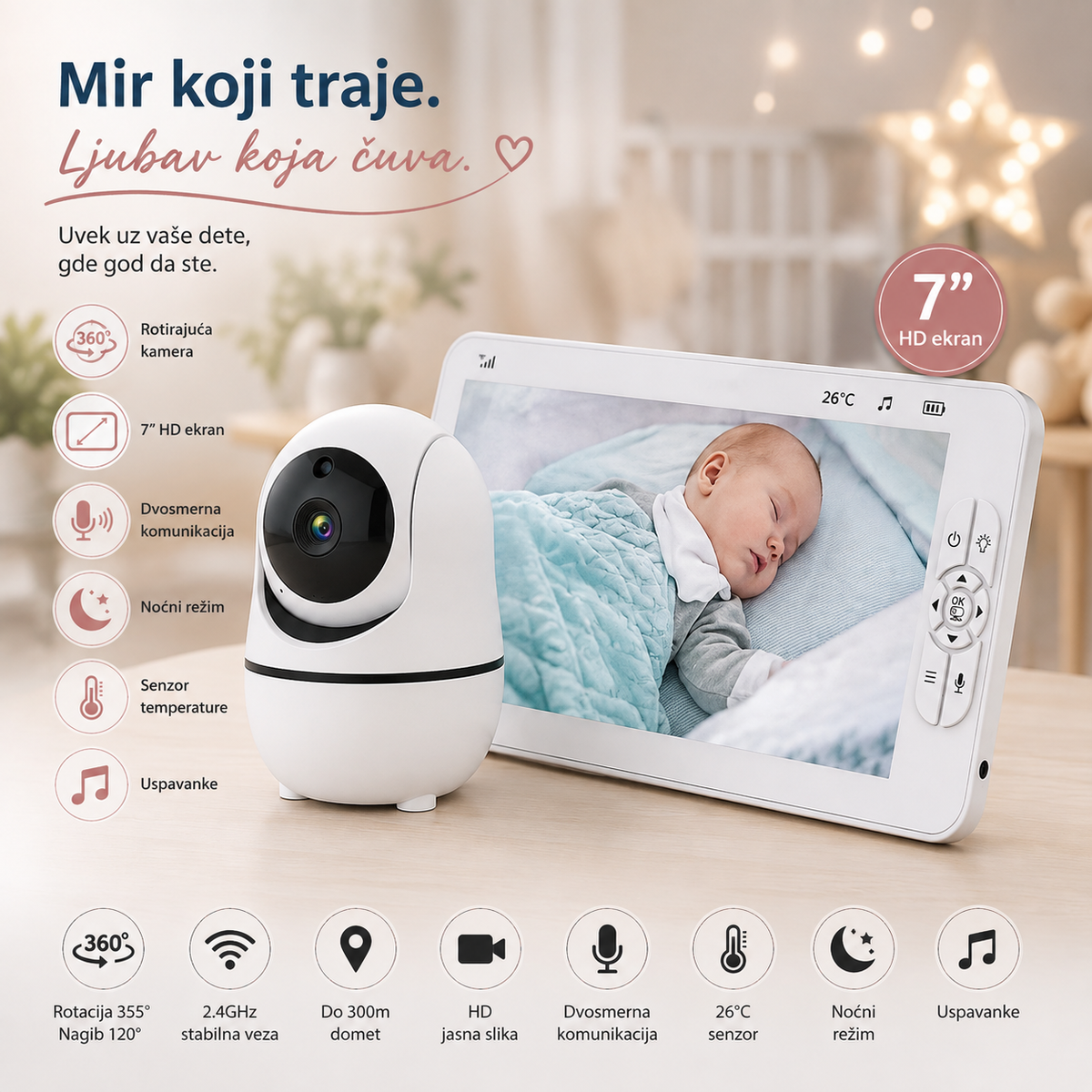 Bebifon Baby Monitor 7" sa Rotirajućom Kamerom – Bebi Alarm sa Noćnim Vidom i Dvosmernim Audio