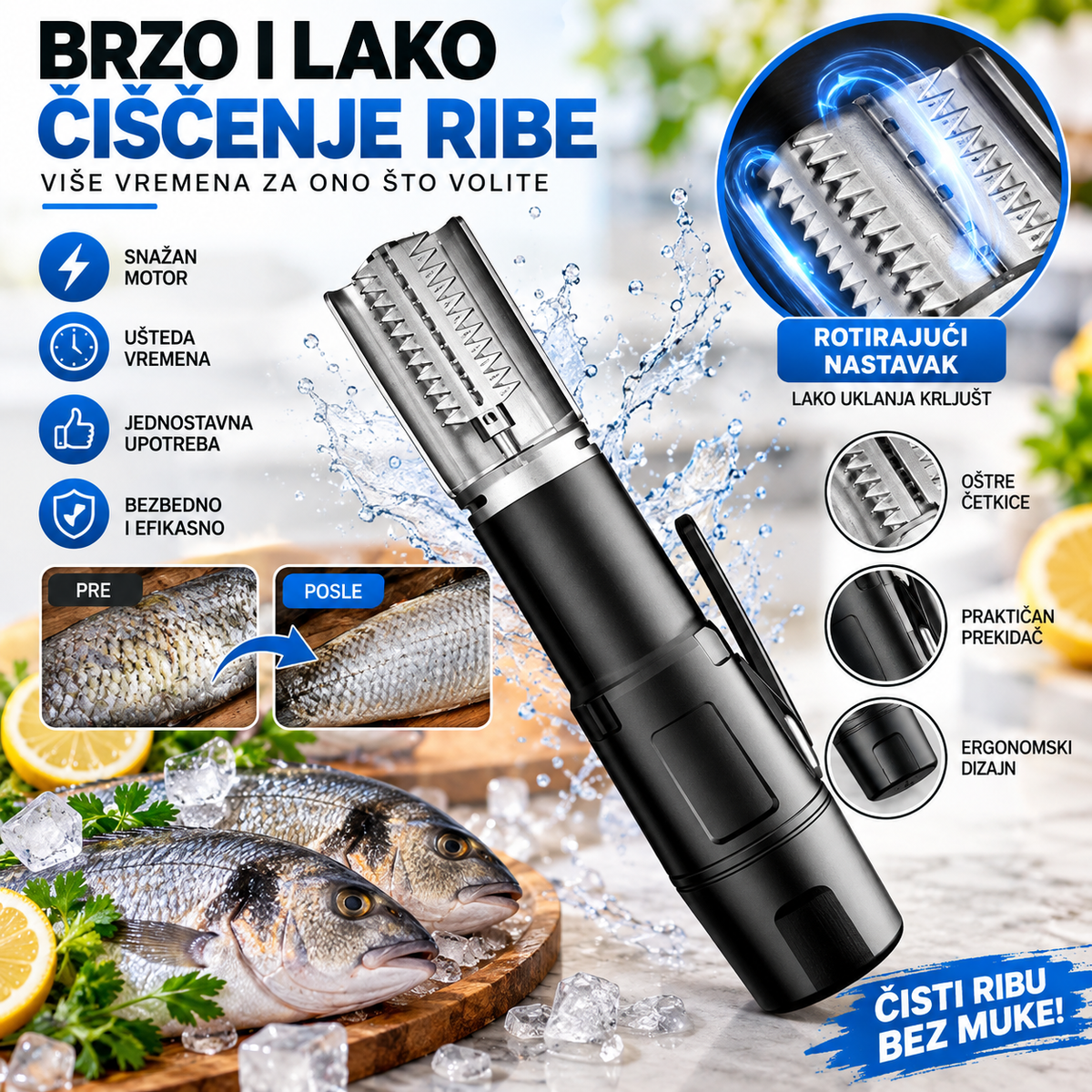Električni Aparat za Čišćenje Ribe – Aku/Ručni Čistač Riblje Krljušti za Brzu Pripremu Ribe