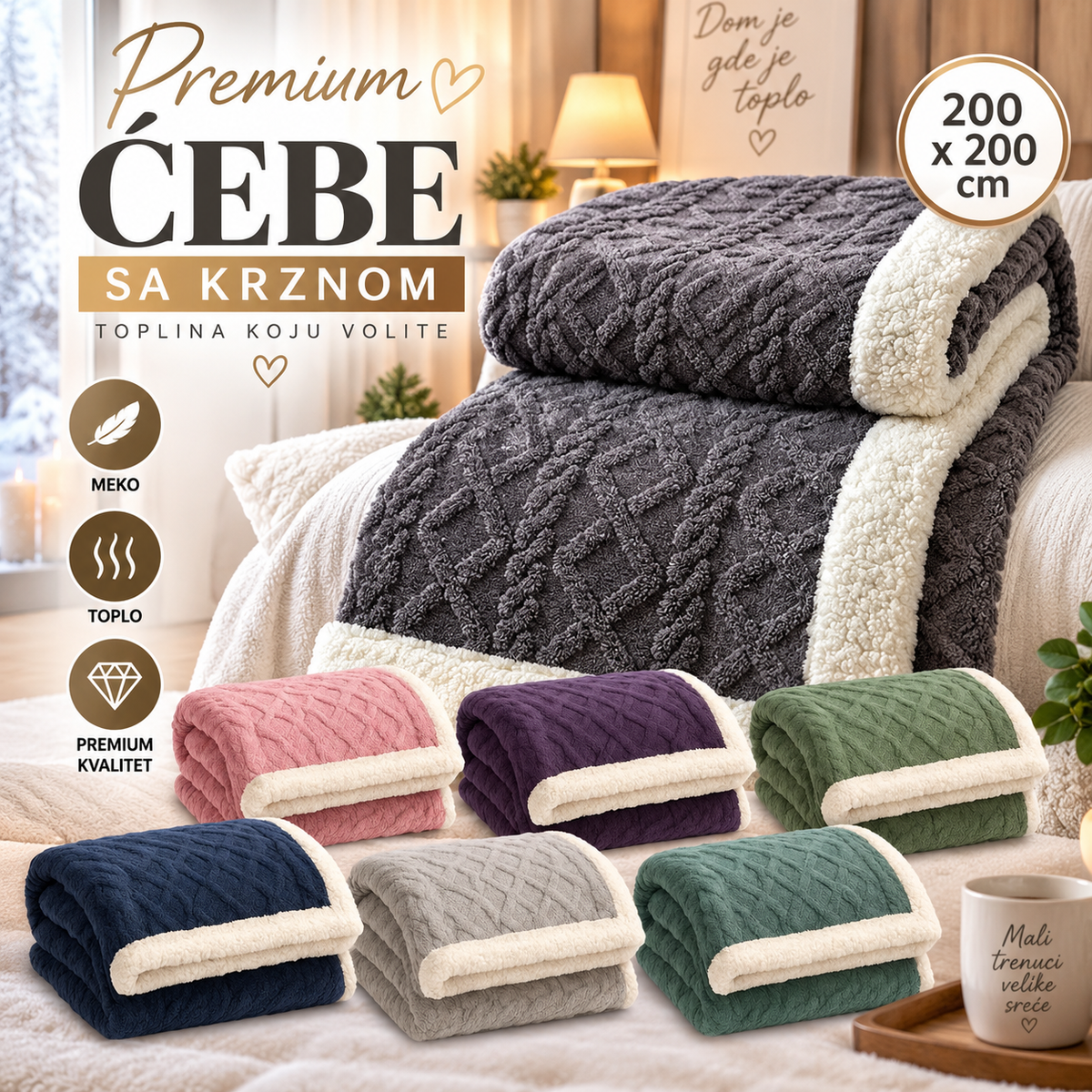 Premium Ćebe sa Krznom 200x200 cm – Mekano i Toplo Dekorativno Ćebe za Krevet i Kauč