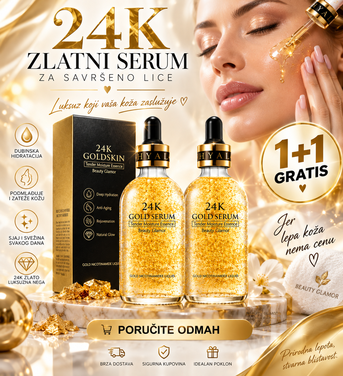 24K Zlatni Serum za Lice 1+1 GRATIS – Serum sa Zlatom za Hidrataciju, Zatezanje i Podmlađivanje Kože