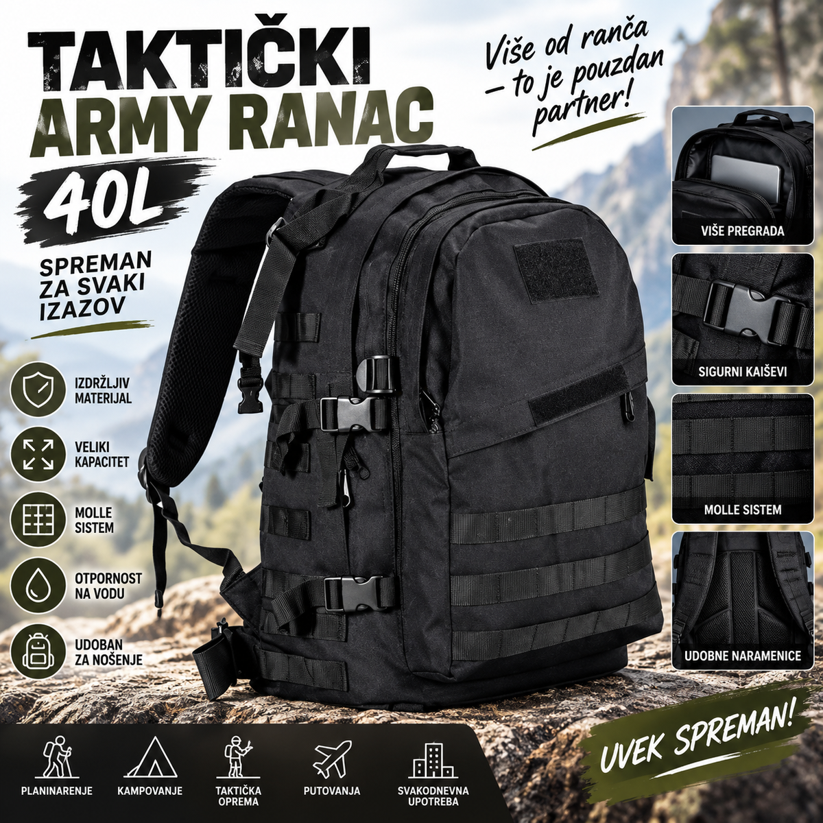 Taktički Ranac Army 40L – Vojni Ranac Crni, Čvrst i Prostran